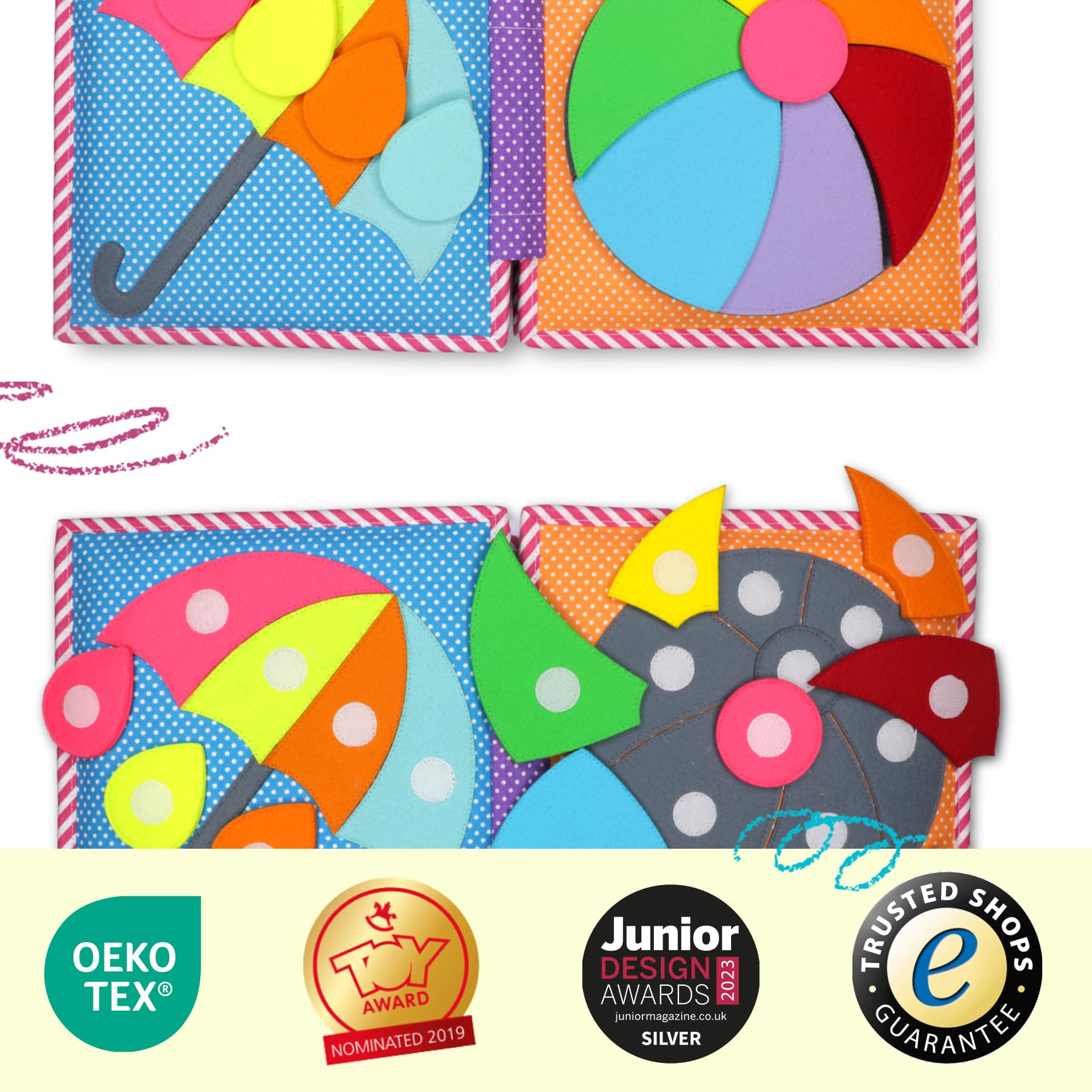 Jolly Designs – Bunte Raupe – 6 Seiten Quiet Book – Montessori Spielzeug ab 18 Monaten – Motorik & Sensorik fördern – Handgefertigtes Filzbuch – Lernspielzeug für Kleinkinder – Busy Book für unterwegs