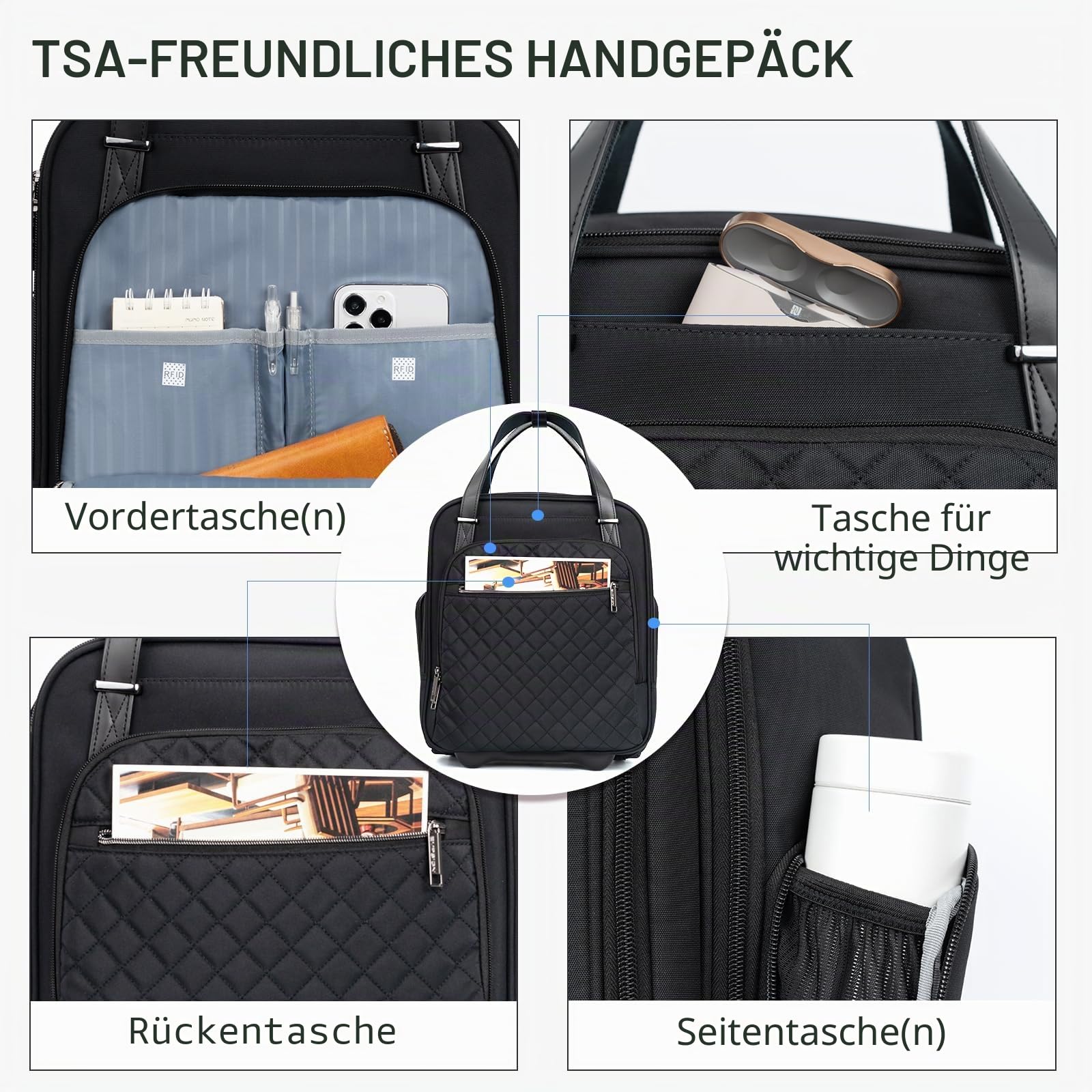 EMPSIGN Handgepäcktasche mit Rädern unter dem Sitz, 40,6 cm, Schwarz, 16 Inch, Handgepäck unter dem Sitz