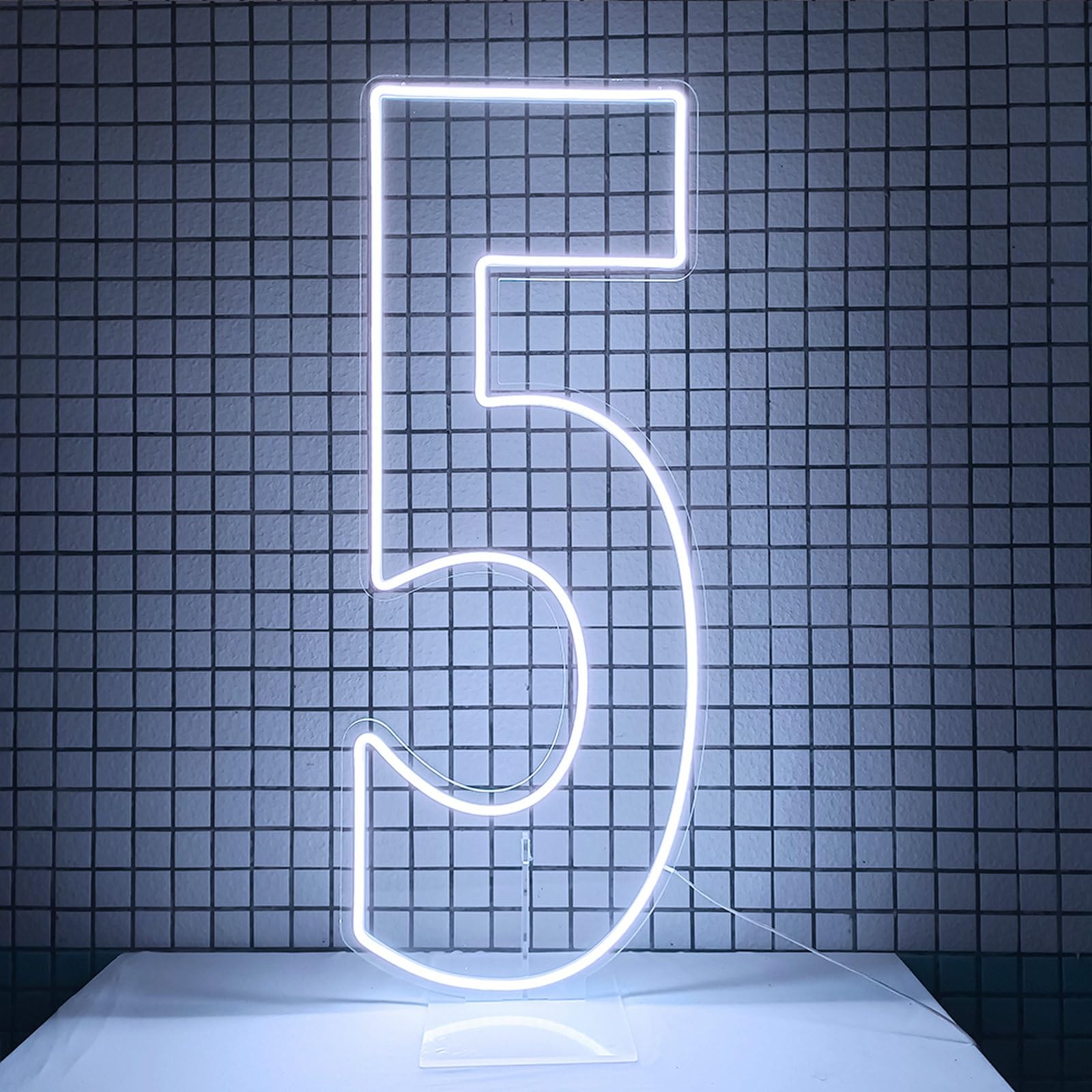 DS&DV Led Neon Number 5 Light Sign,Dimmable Neon Letters with Stand Up Base for Party Decoration (30" Cool White, Number 5)