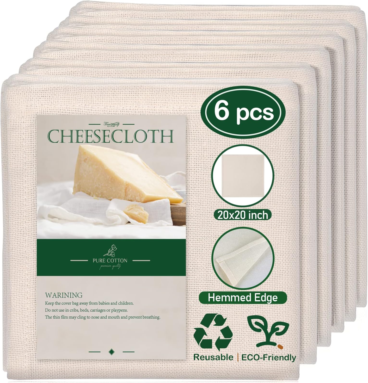 6 Pack 20x20 Inch Hemmed Cheesecloth, 100% Unbleached Cotton Fabric Ultra Fine Reusable Muslin Cloth for Straining, Cooking, Baking, Home