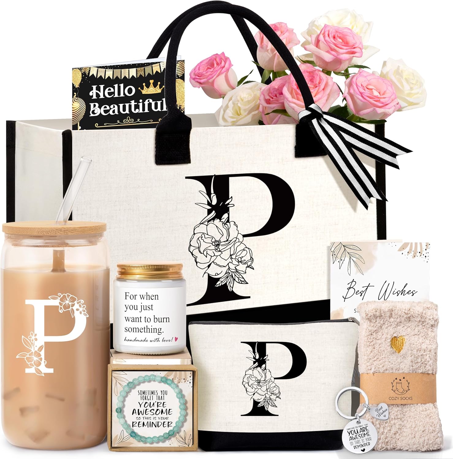 Birthday Gifts for Women, Monogrammed Initial Gift for Teacher Wife Mom, Tote Bag,Glass Cup Gift Basket Personalized Christmas Mother's Teacher Appreciation Day,P