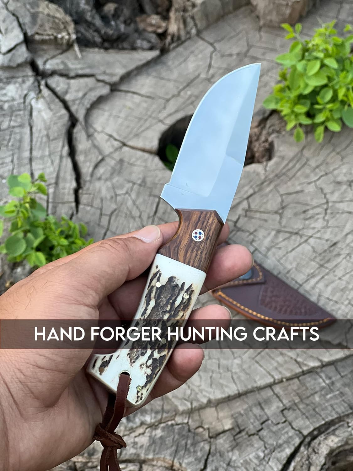 10" Damascus Steel Gut Hook Full Tang Fixed Blade Hunting Knife with Sheath - Stag Horn Antler Handle (Antler 2)