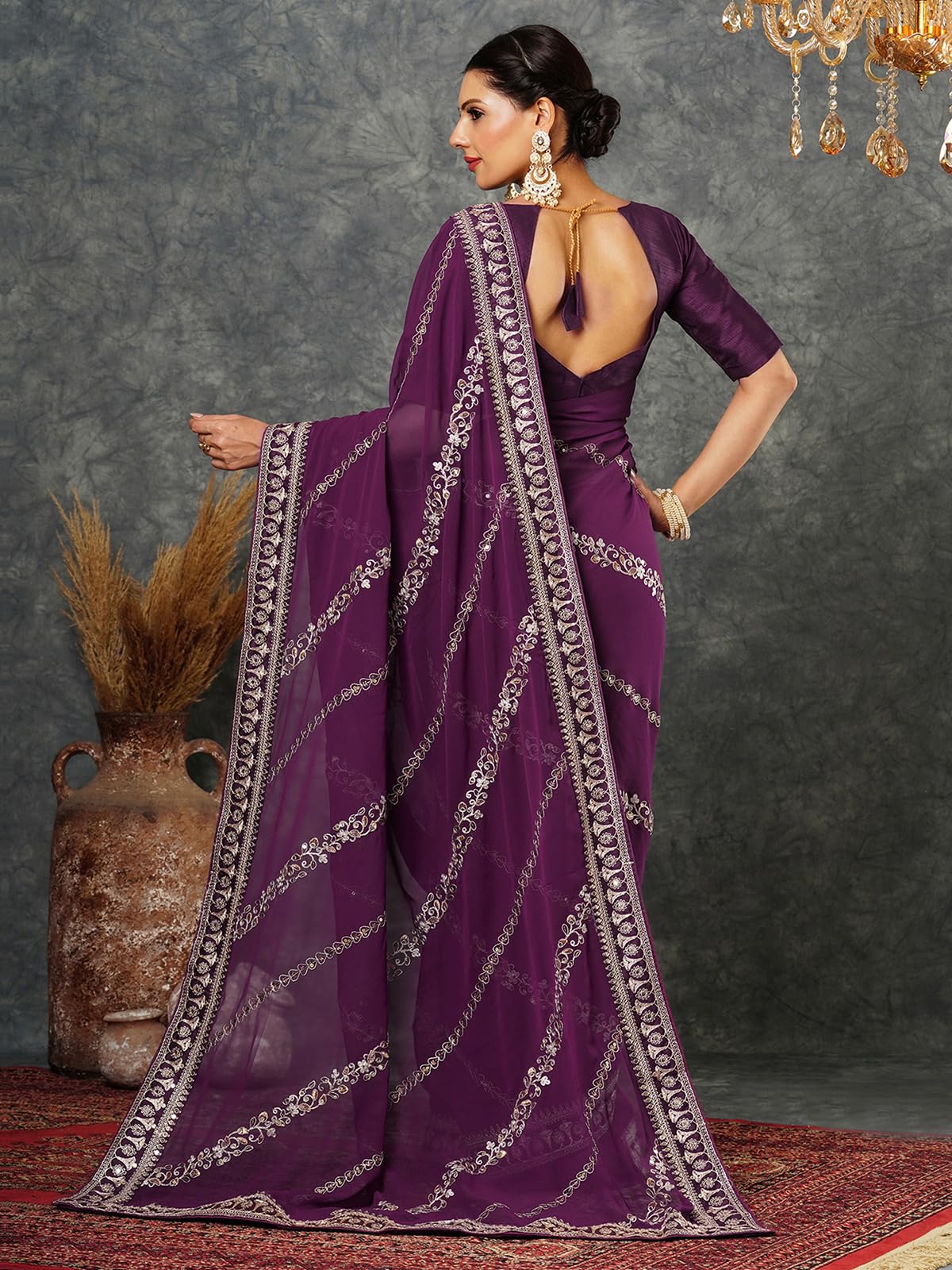 Satrani Women's Georgette Sequence Embroidery Saree With Unstitched Blouse Piece (3905S152N_Wine)