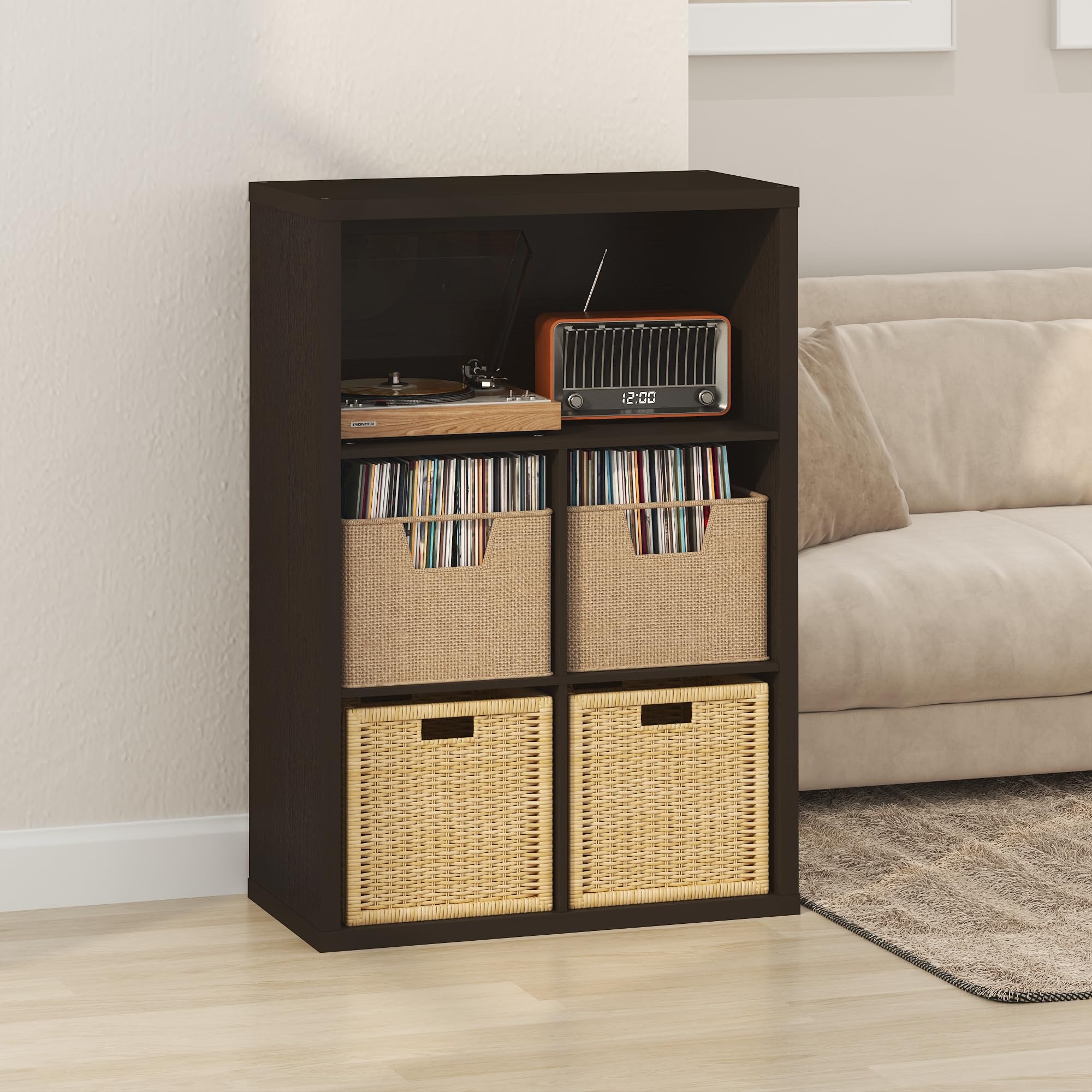 Furinno CUBICLE Mobile per Giradischi con Raccoglitore per Vinili, 5-Cube 1.2 Extra Spesso Raccoglitore per Dischi in Vinile, Scaffale Multimediale per CD DVD Dischi, Rovere Scuro Nero