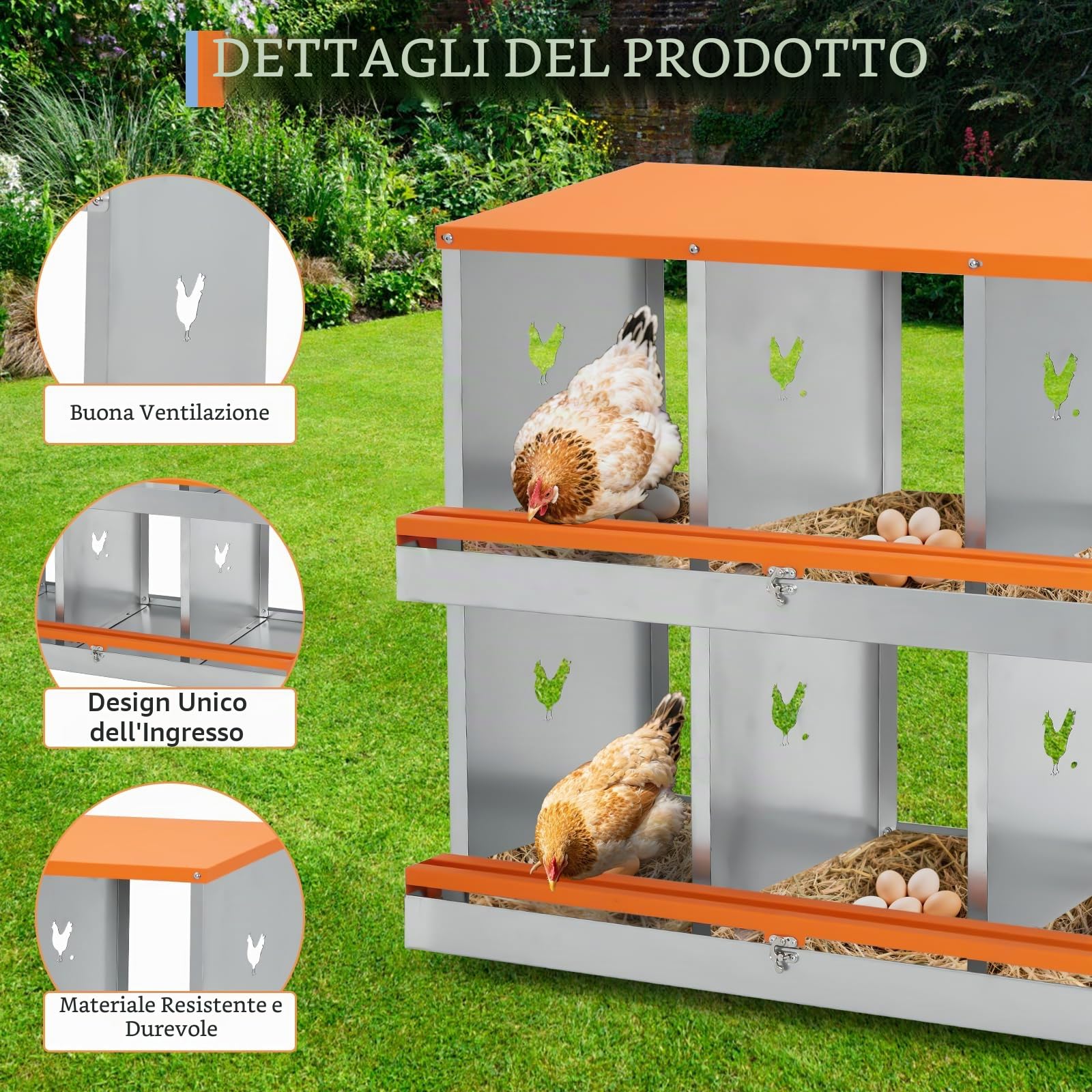 Gabbia professionale per galline ovaiole – 8 scomparti, metallo a doppio strato, ampia ventilazione, trespolo integrato, facile raccolta delle uova – Colore arancione ruggine, doppio strato 8