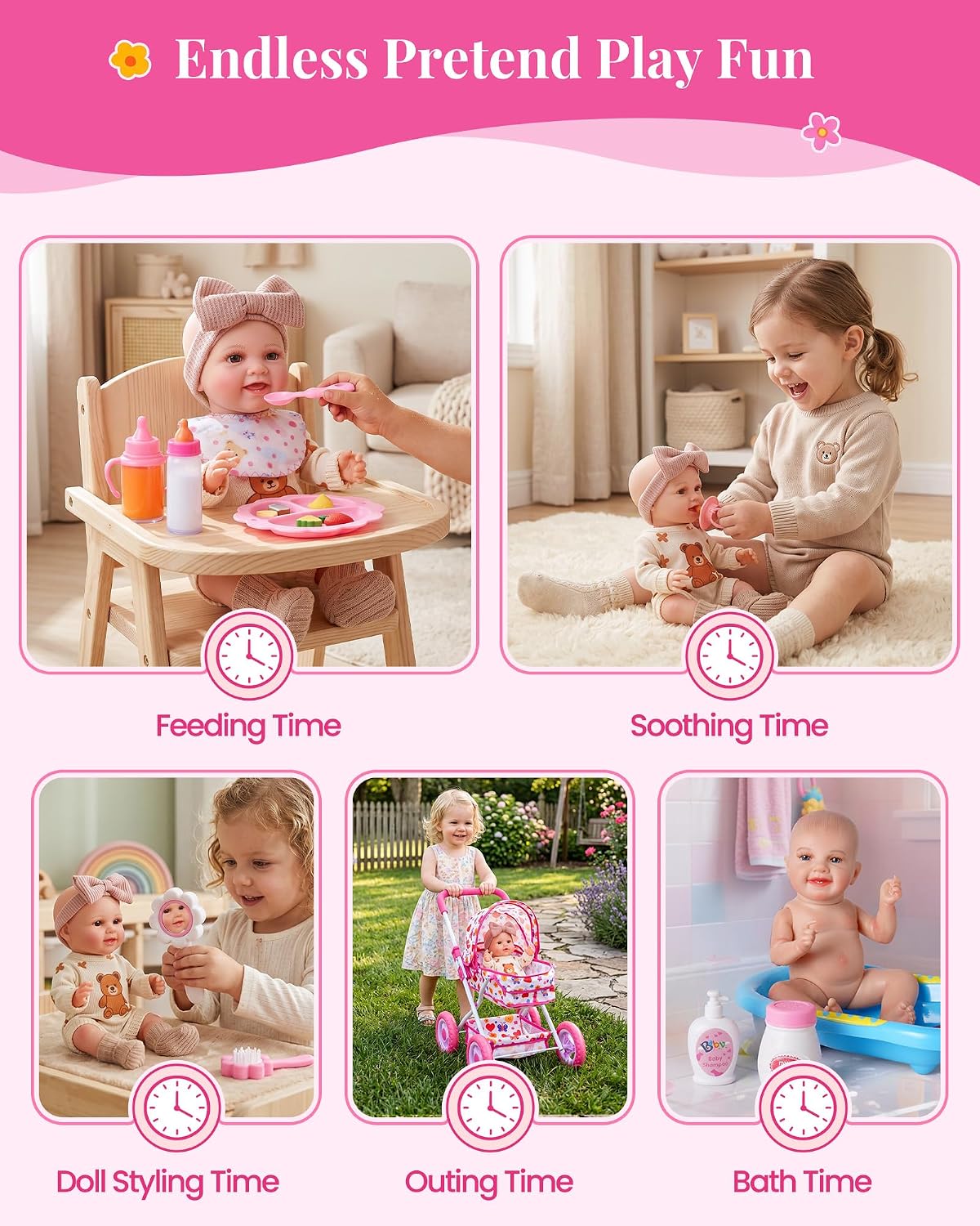 BABESIDE 14-Piece Baby Doll Stroller Set, Fits 10-12 Inch Dolls | Cute Butterfly Print Doll Pram with Feeding & Care Doll Accessories, Pretend Play Gift for Girls Ages 3+