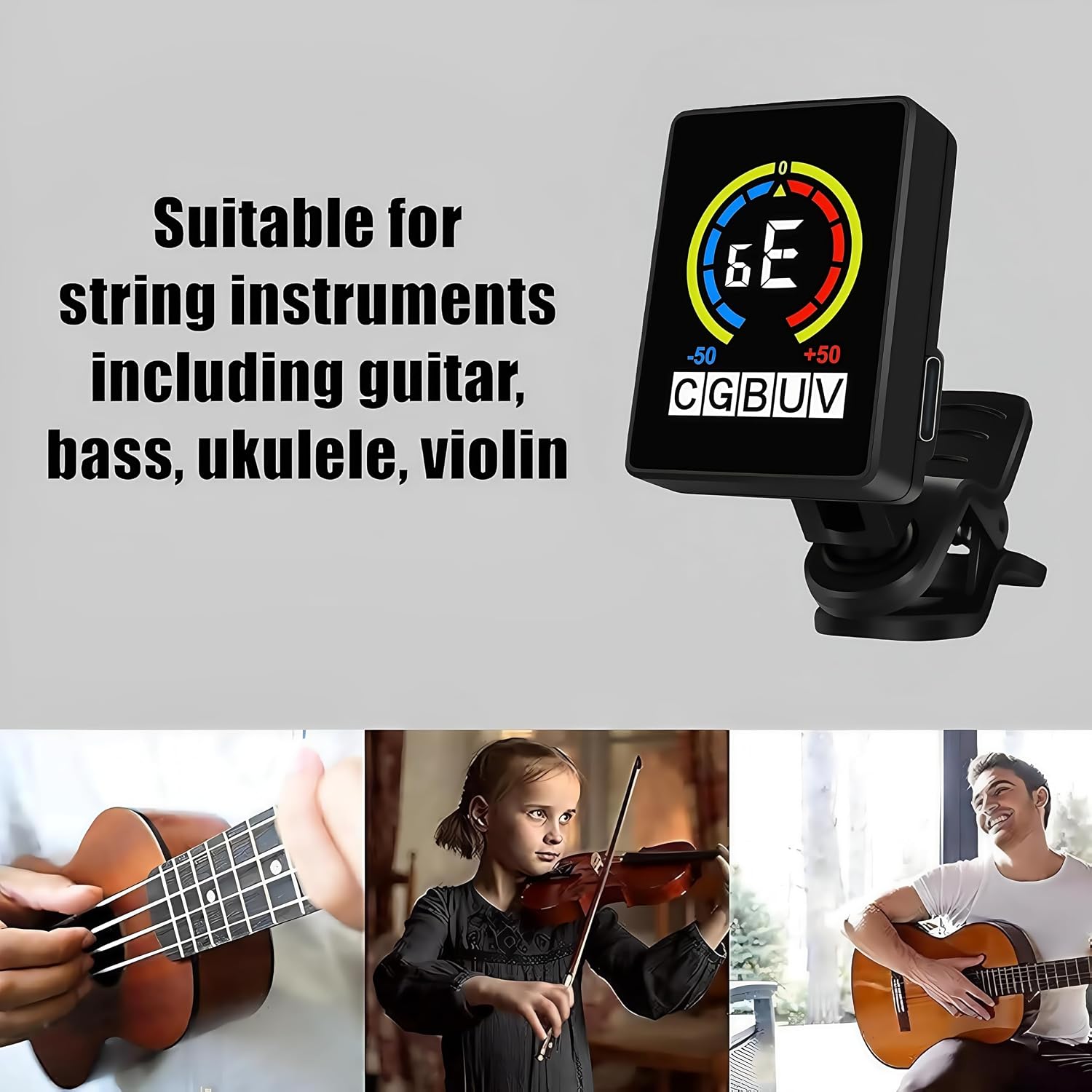 Rechargeable Guitar Tuner, Clip on Tuner with Guitar Bass Ukulele Violin Chromatic Tuning Modes, Black
