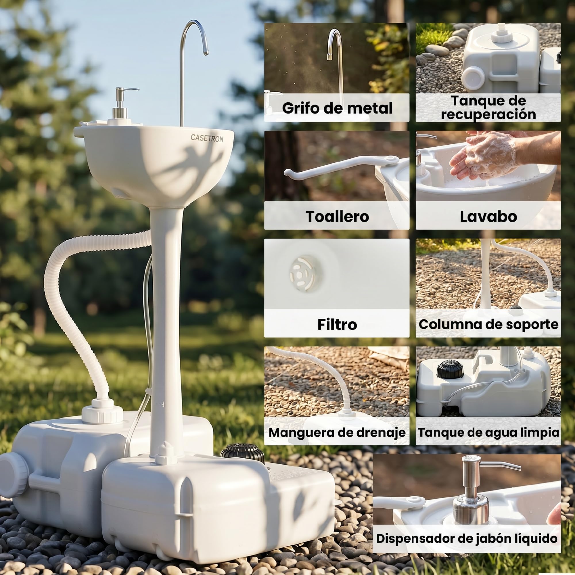 Outsunny Fregadero Portátil Lavamanos para Actividades al Aire Libre o Camping con Tanques de Recuperación de Agua 17 L Dispensador de Jabón Y 2 Ruedas HDPE 83x50x103 cm Gris Claro