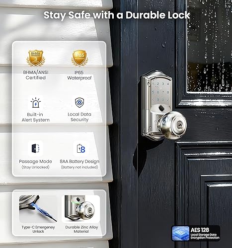 Miniatura 5 de Veise VE028 - Cerradura inteligente Wi-Fi integrada con perilla, entrada sin llave de huellas dactilares con asa, control remoto de aplicación y
