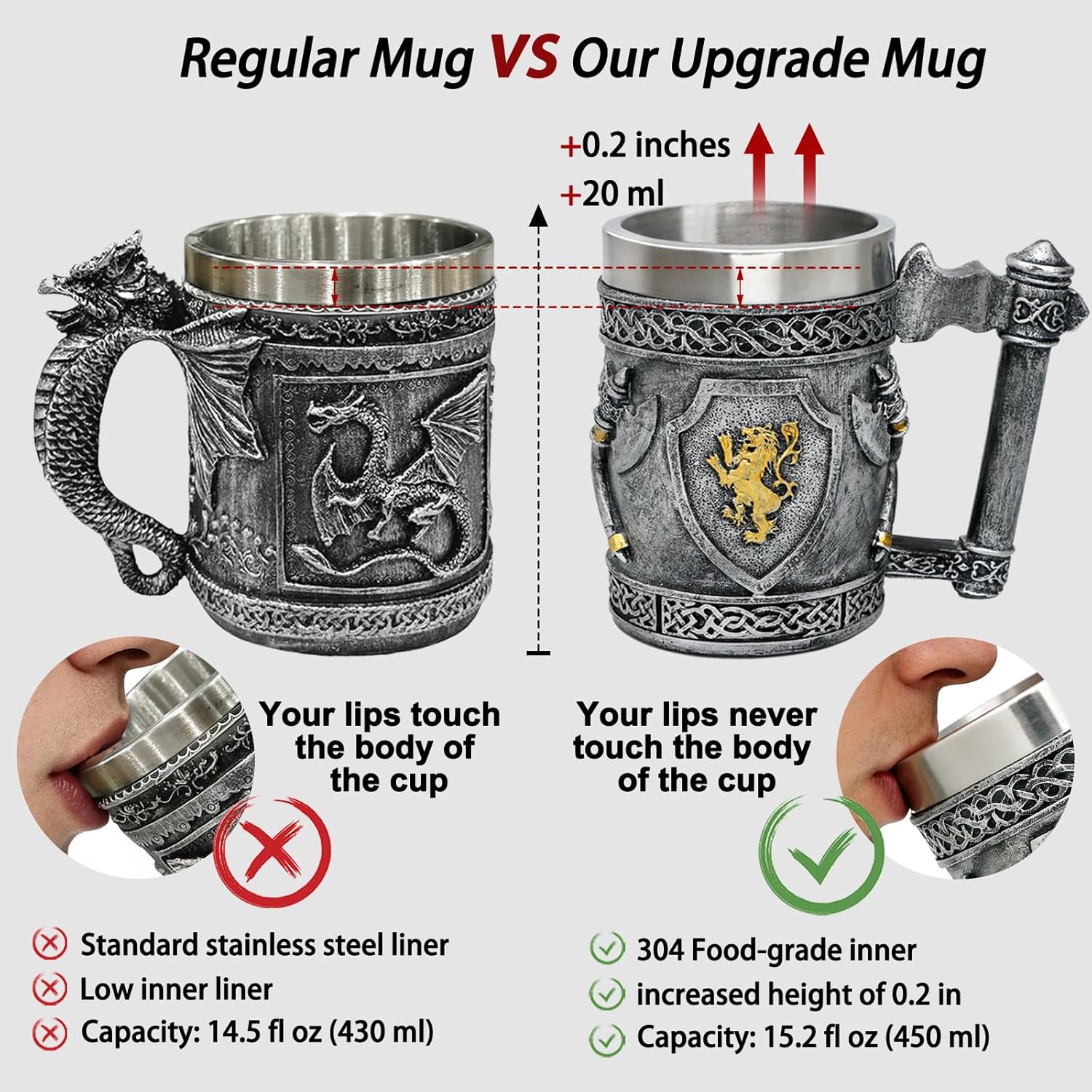 Medieval Viking Axes Mug Gifts for Men, English Gold Lion Shields Beer Steins Tankard Stainless Coffee Cup Renaissance Art Norse Decor Home Kitchen Party Decoration Drinkware - Image 4