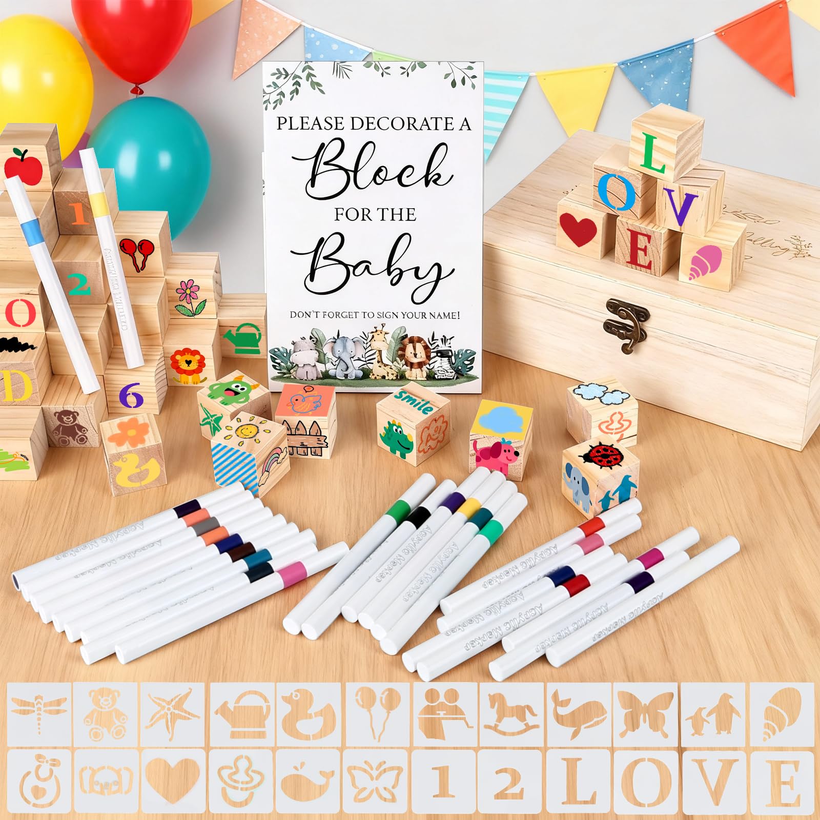 128 Pezzi Set di Giochi per Baby Shower, Blocchi di Pittura Creativa con 48 Blocchi di Legno, 24 Matite Colorate, 54 Stencil e Scatola di Legno per la Festa di Rivelazione del Sesso