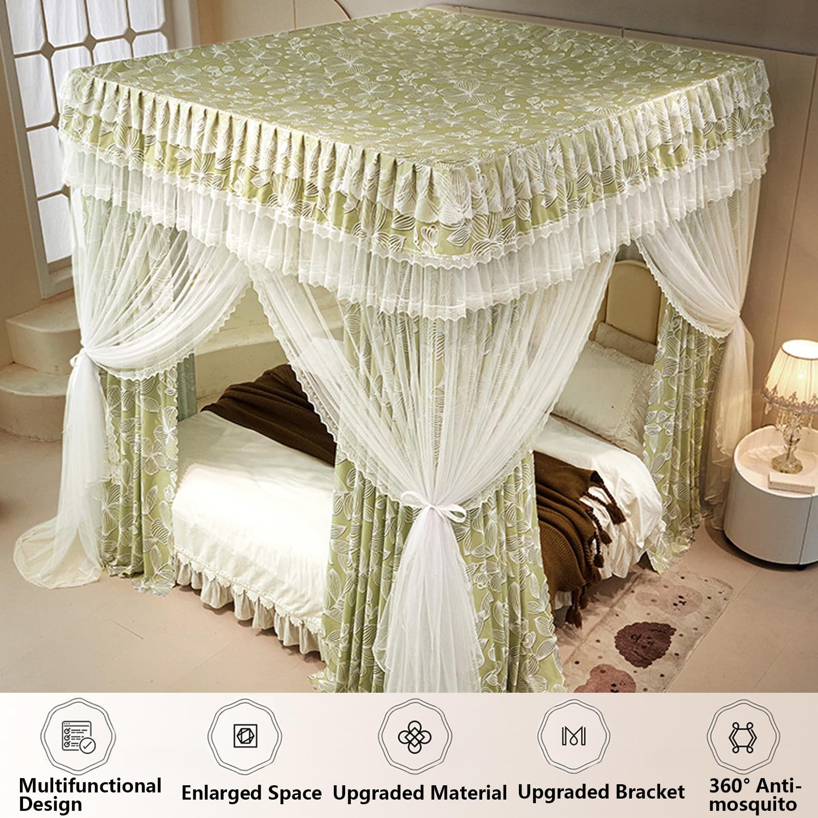 Moskitonetze Bett, Quadratische Mückennetz, Prinzessin Baldachin mit Rüschen, 4-Eckiger Betthimmel, Doppelstöckiges Moskitonetz für Mädchen Schlafzimmer Green 180 x 200cm