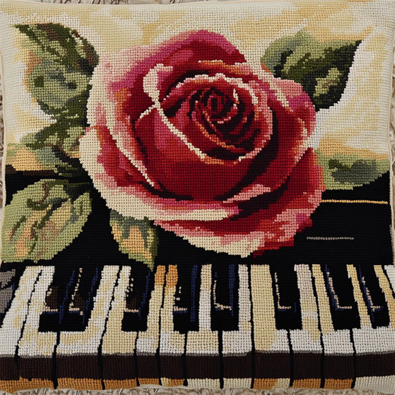 Henypt 9CT Cross Stitch Cushion Kits for Adults Roses and Piano DIY Cushion Embroidery Kit Needlepoint Handmade Needlework Cushions Kits Stitched Pillow Cover Set for Adults Beginners 45x45cm