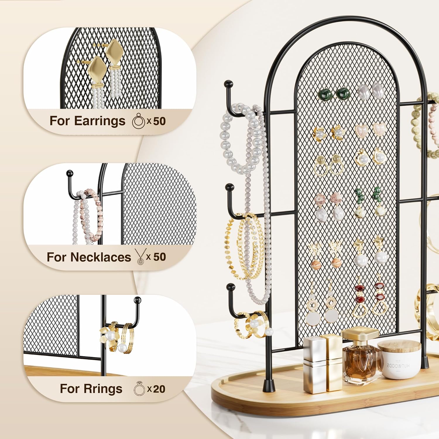 Jewelry Holder Organizer Earring Display - Stands Earring Storage Earring tree Hanger Jewelry Towers Rack with 6 Hooks 300 Stud Holes Wood Tray for Necklaces Bracelets Rings - Image 6