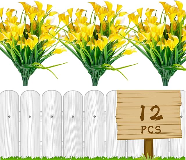 Artificial flowers,12Pcs Fake Calla Lily Flowers Plants Outdoor Decorations,UV Resistant Faux Fake Plants Plastic Spring Flower Indoor Outside Hanging Planter Home Kitchen Garden Porch Decor (Yellow)