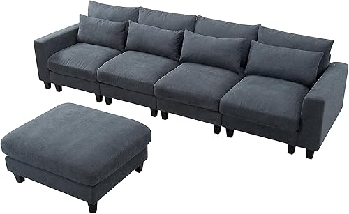 Miniatura 4 de HBRR Sofá modular en forma de L, moderna tumbona seccional tapizada y otomana, 4 almohadas lumbares, sofá de gran tamaño de 5 asientos para sala de