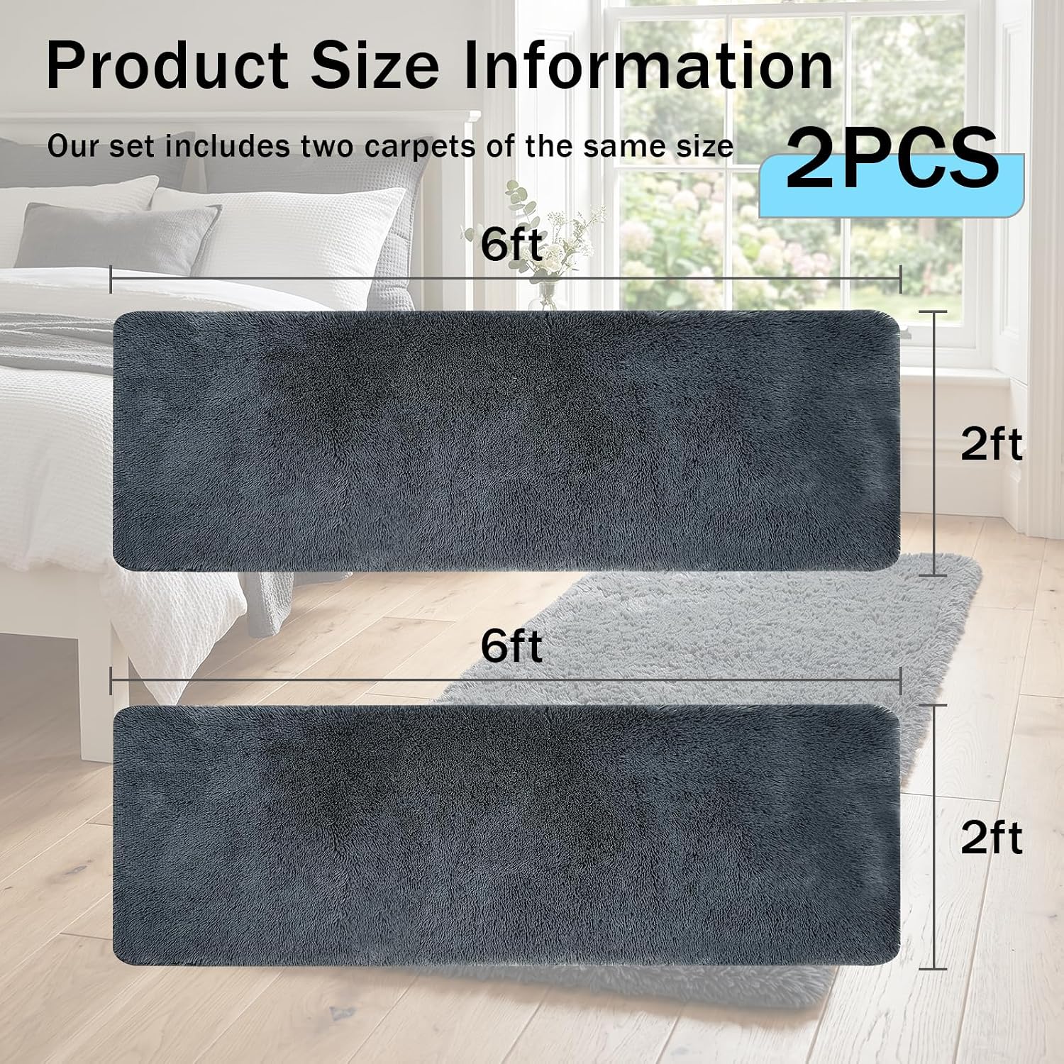 Runner Rugs for Bedroom Living Room, 2x6 Ultra Soft Plush Fluffy Bedside Rug, Long Shaggy Furry Bedroom Throw Rugs Floor Rug with High-Density Non-Slip Bottom for Dorm Hallway Sitting Room, Gery, 2Pcs