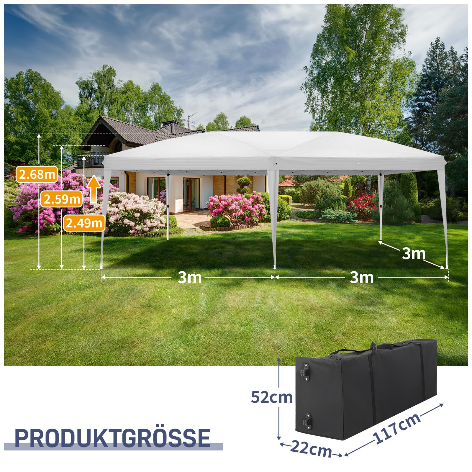 Pavillon 3x6 m,Faltpavillon Wasserdicht Windfest UV 50+ Sonnenschutz, mit 6 Seitenwände,4 Fenster,Höhenverstellbare, Stabil Gartenzelt Partyzelt für Garten, Party, Terrasse,Camping Weiß