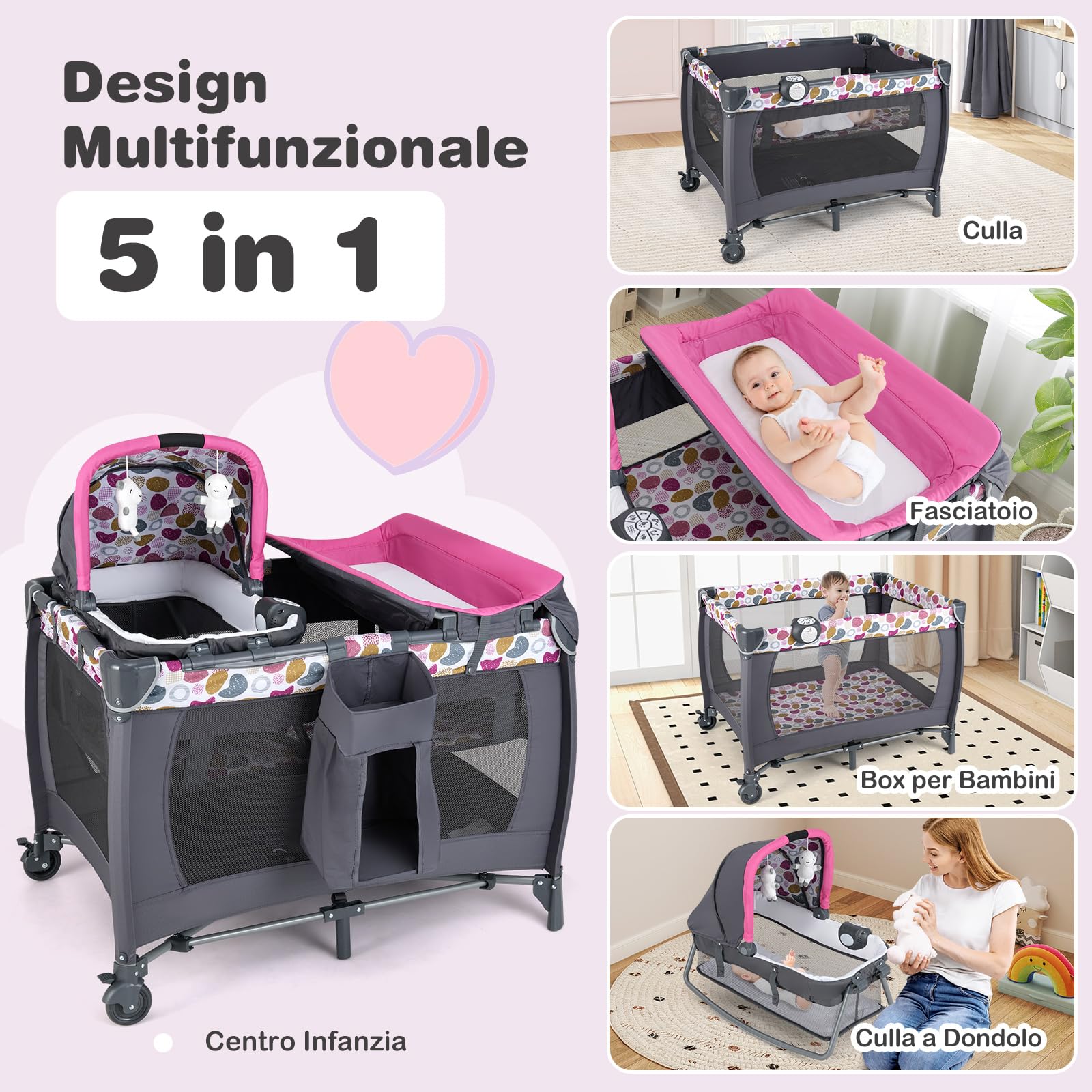 RELAX4LIFE 5 en 1 Cuna con Cambiador, Moisés, Juguetes Colgantes, Caja de Música, Bolsa de Transporte y Altura Ajustable, Cuna de Viaje Plegable, Parque Infantil para Bebé 0-3 Años (Rosa Fuerte)