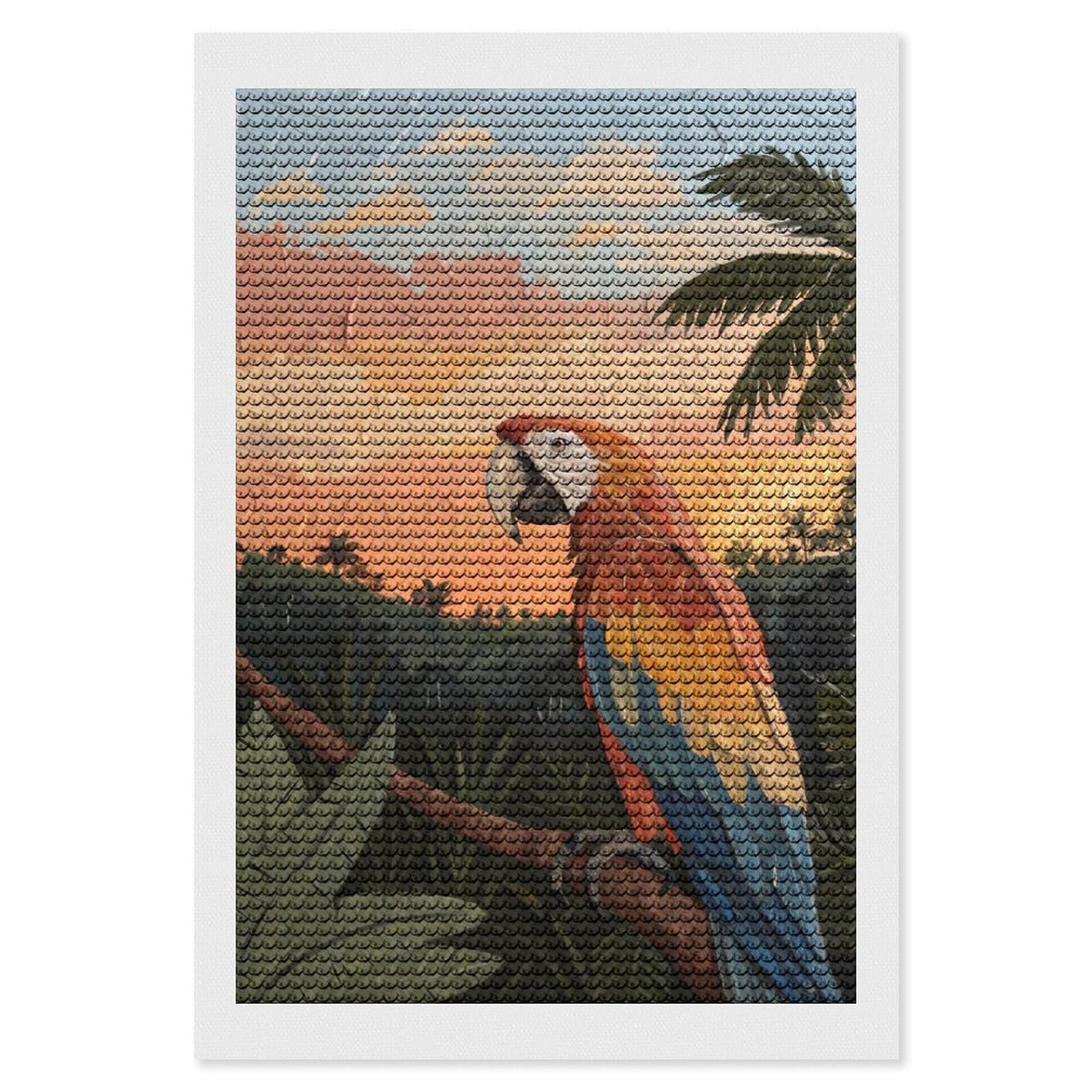 Junmoney Macaw Parrot in Tropical Sunset DIY Diamond Art Canvas Kit 8"x12", Winter Craft, Mindful Craft Project, Aesthetic Room Decor, Decor Project