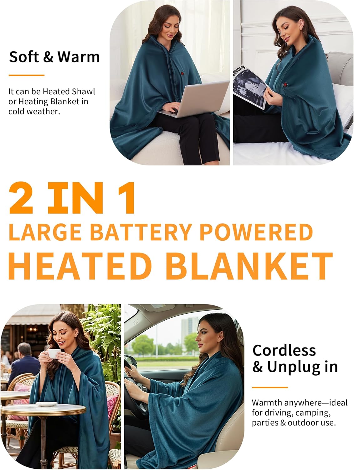 Heated Blanket Battery Operated, Electric Heating Blanket for Neck and Shoulders and Back, Portable Heated Shawl with Zipper, 20000mAh, 3 Heating Levels, up to 8 Hours