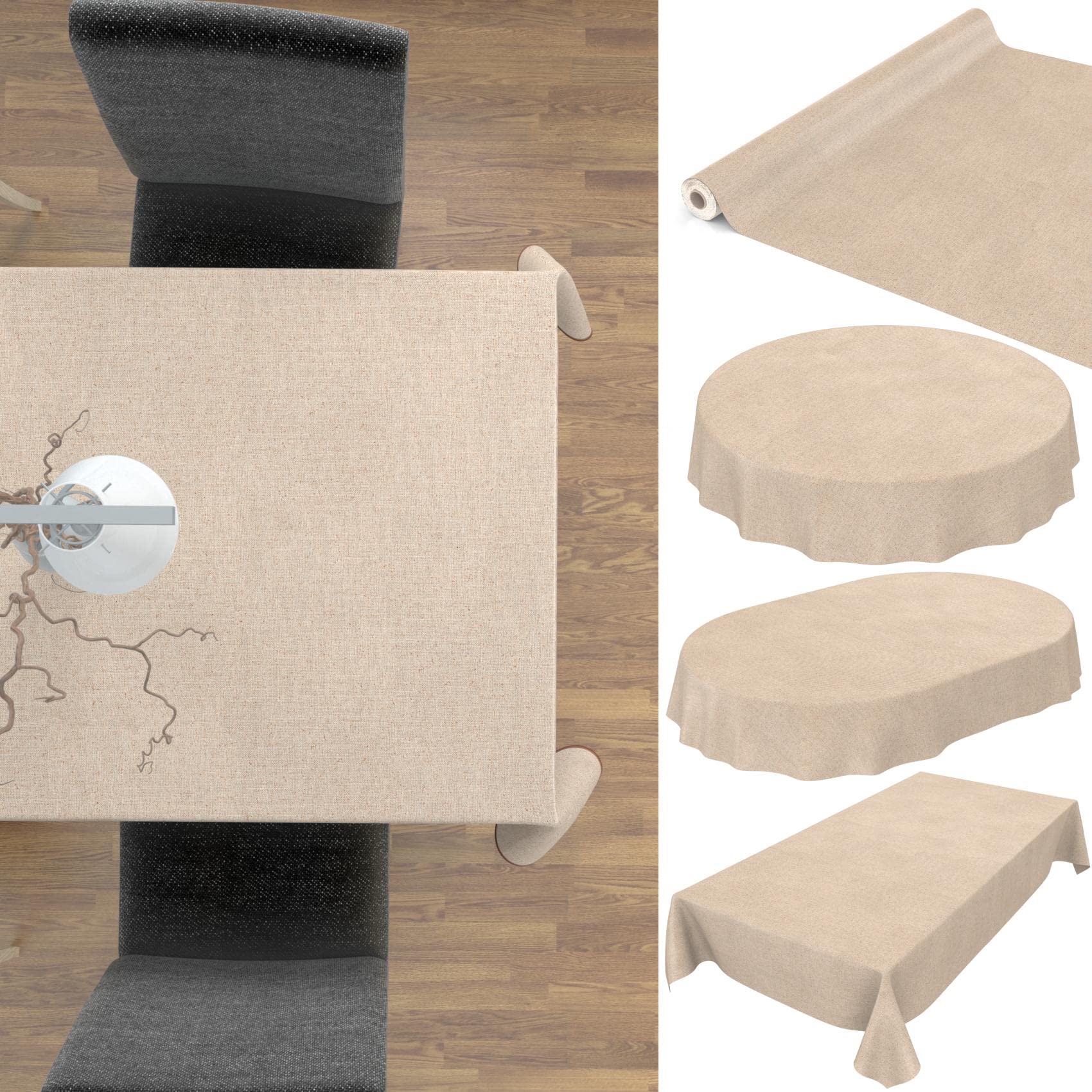 ANRO Wachstuchtischdecke Textil Tischdecke Wachstuch abwaschbar Leinenoptik Beige Uni Nachhaltig Oval Wachstischdecke wasserabweisend Gartentischdecke Meterware pflegeleicht Lotuseffekt 180x140cm