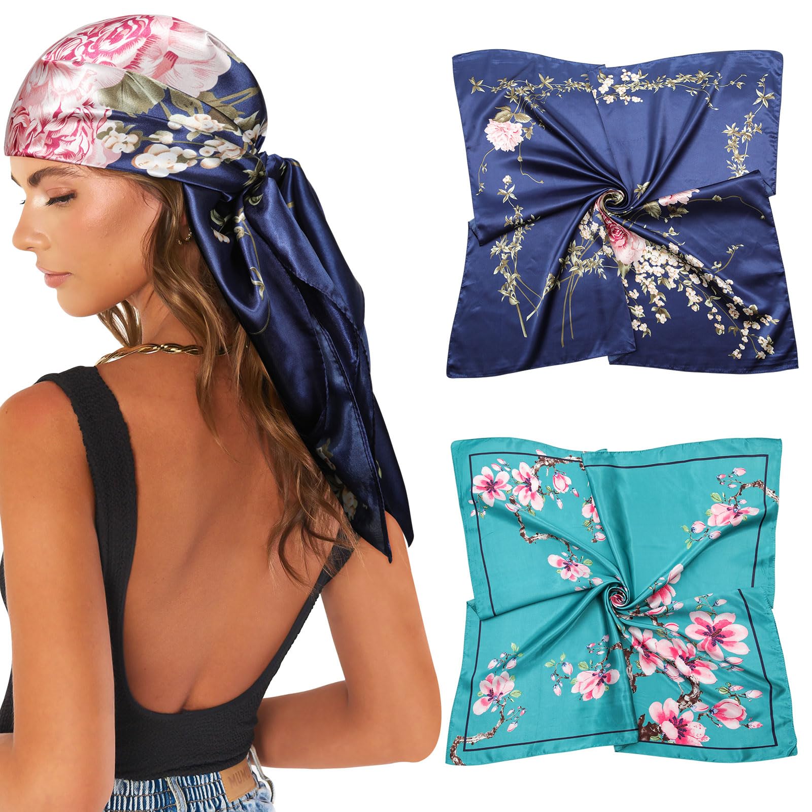 AWAYTR 35” Large Satin Square Head Scarf - 2Pcs Silk Like Floral Head Scarves Square Satin Hair Scarf Bandanas for Women