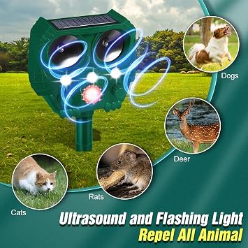 Ultrasonic Cat Deterrent, Solar Powered Deterrent with Motion Sensor and Flashing Lights Outdoor Solar Farm Garden Yard Device, Dogs, Cats