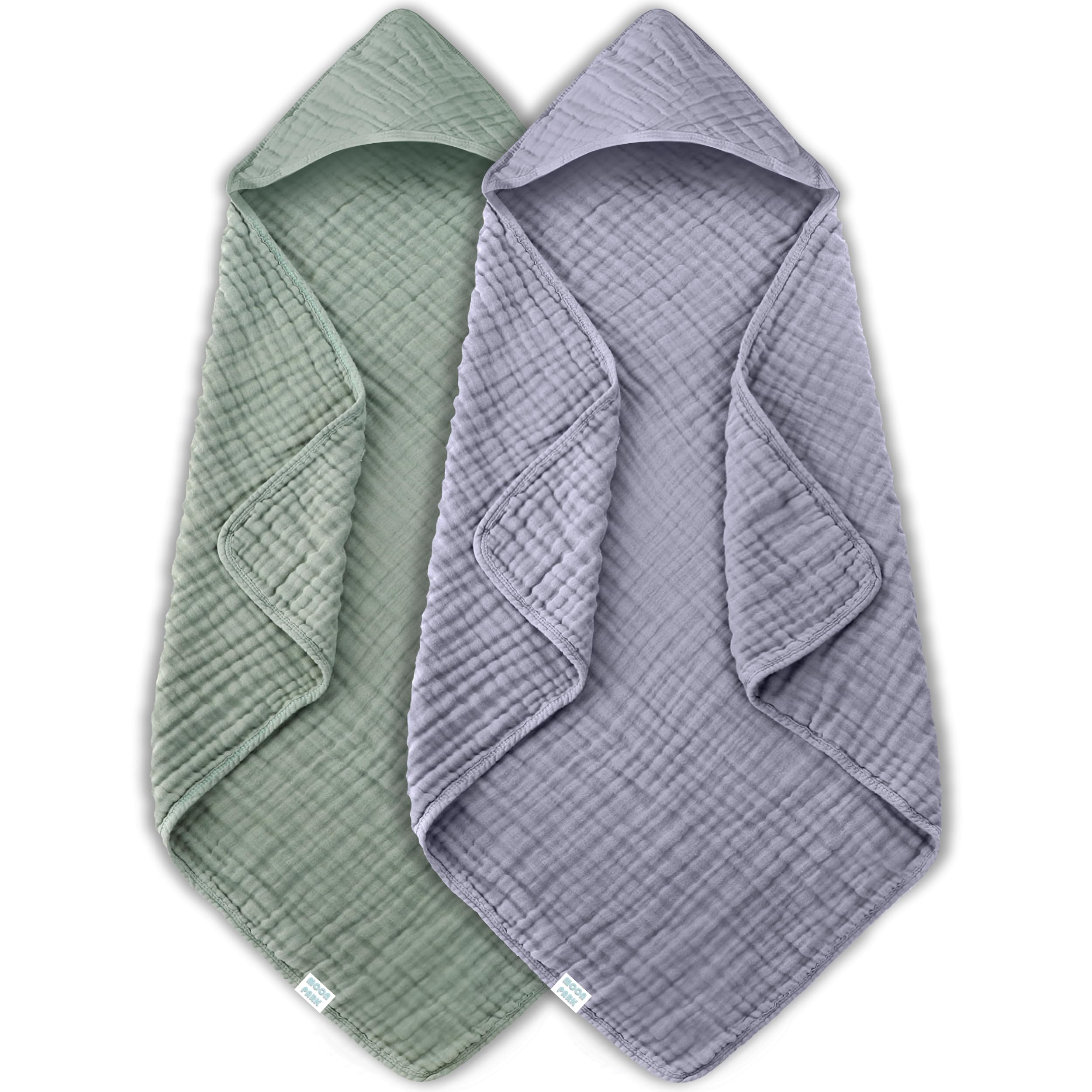 MOON PARK 2 Pack Muslin Hooded Baby Bath Towels for Newborns, Infants, Toddlers - 100% Cotton - Large 32x32Inch Size - Highly Absorbent and Essential,