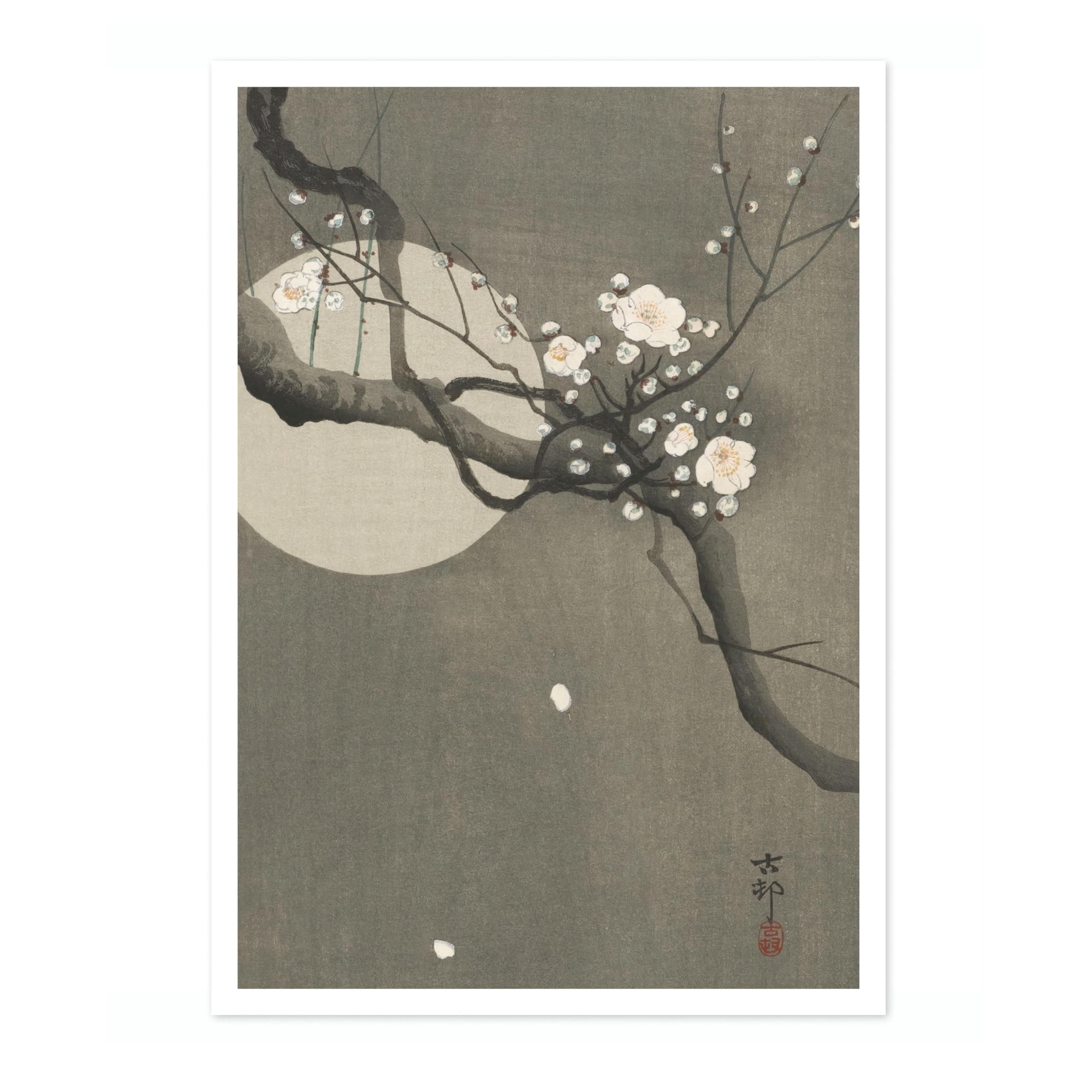 Flowering Plum & Moon Ohara Koson Poster, Japanese Woodblock Ukiyo-E Print, Vintage Nature Art Picture Animal Painting Wall Art Exhibition, Japan Artwork Home Decor, A5 (Print Only) - 21x14.8cm โ image 1