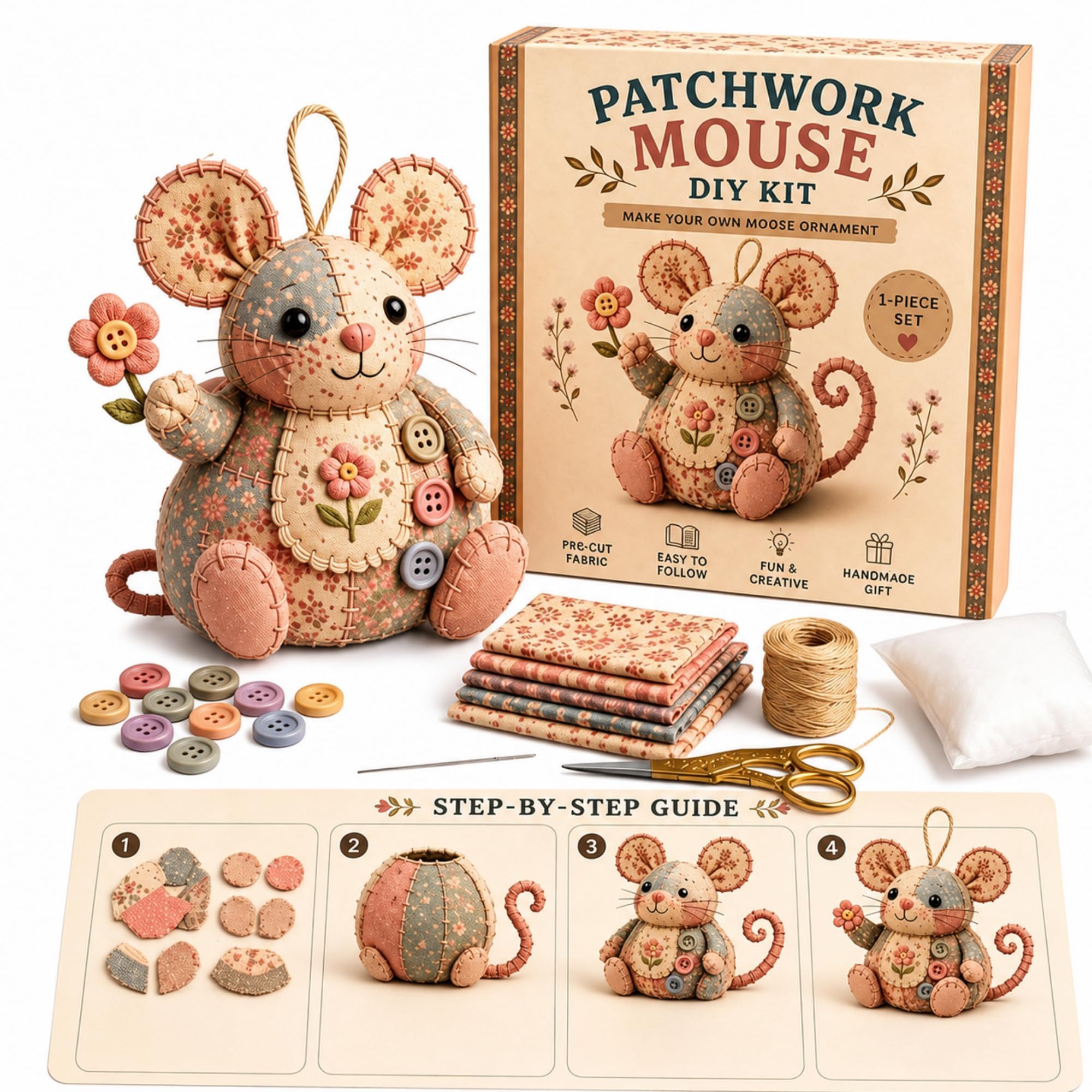 Patchwork Mouse DIY Sewing Kit,Handmade Sewing Craft Kit with Floral Fabric, Stuffing Buttons Cute Stuffed Mouse Ornament,Creative Patchwork Animal Craft Project,for Beginners Holiday & Birthday Gifts