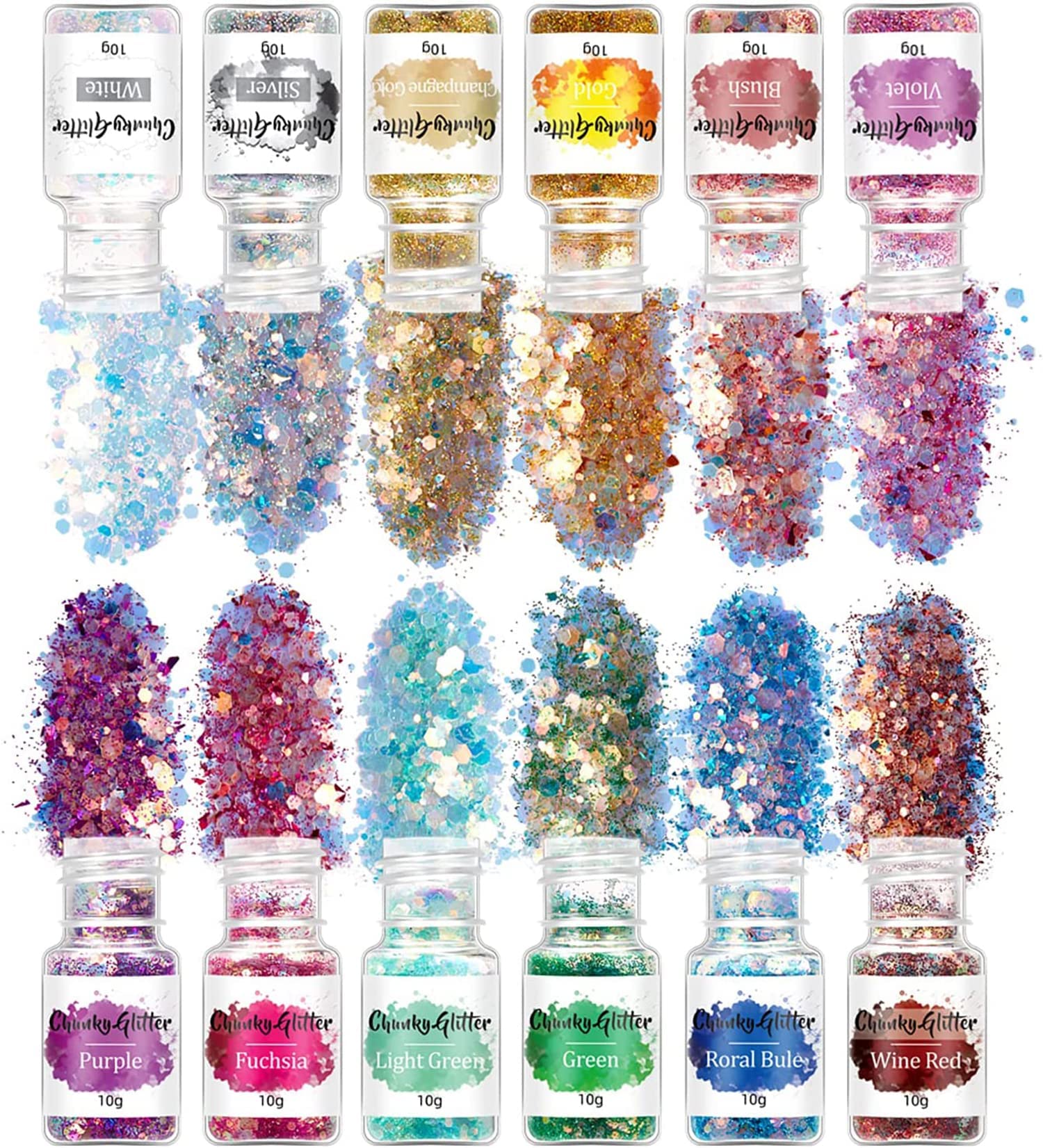 Holographic Chunky Glitter, 12 Color Mixology Craft Powder for Epoxy Resin/Tumblers/Slime, Chunky Glitter Sequins Festival Decor, for Resin Face Body Eye Hair Nail