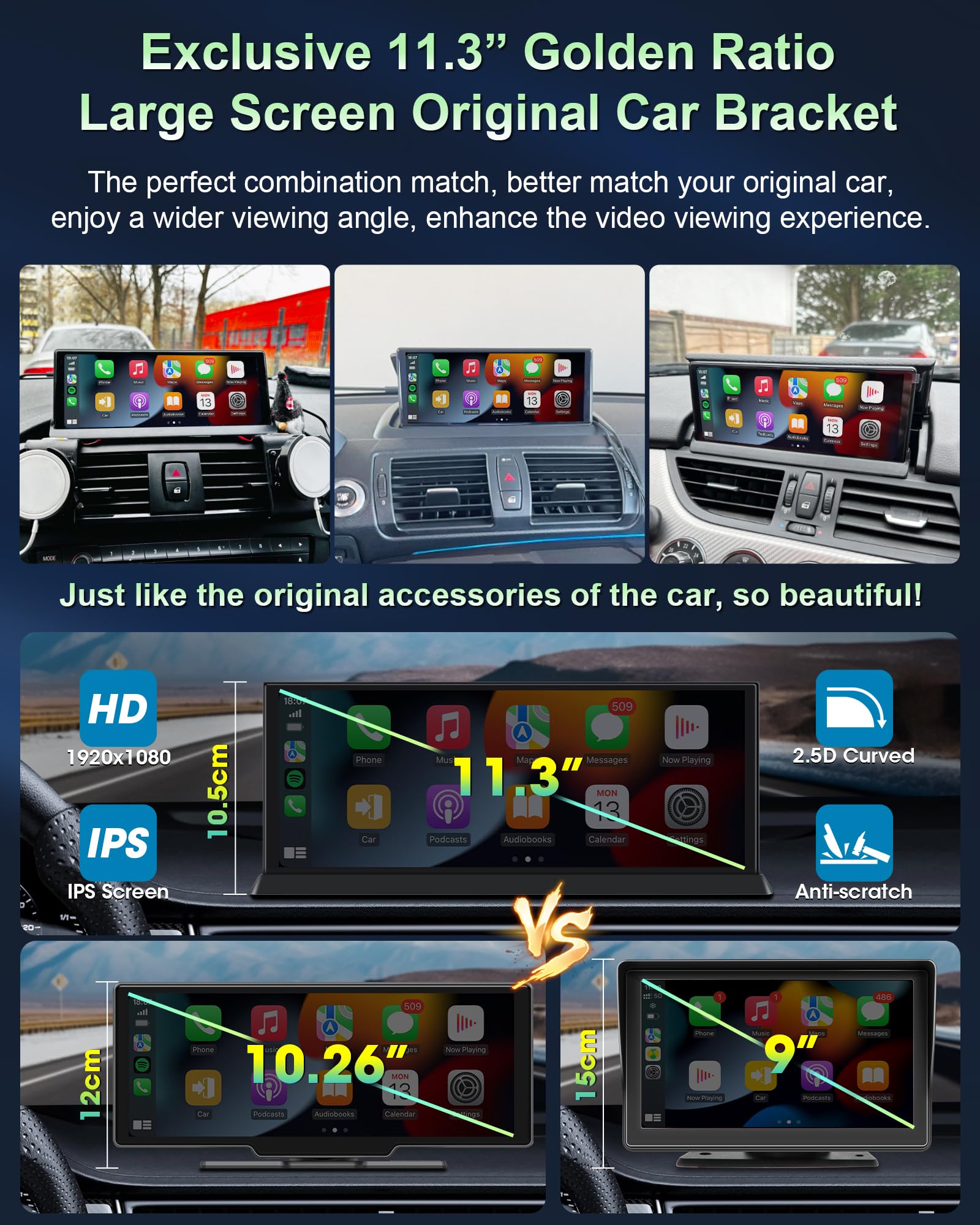 Exclusividad Pantalla Carplay Android Auto Coche de 11,3 Pulgadas con Soporte Estable, Pantalla Car Play Coche con Doble Navegador GPS Bluetooth Siri/GOO-gle para Auto Caravanas