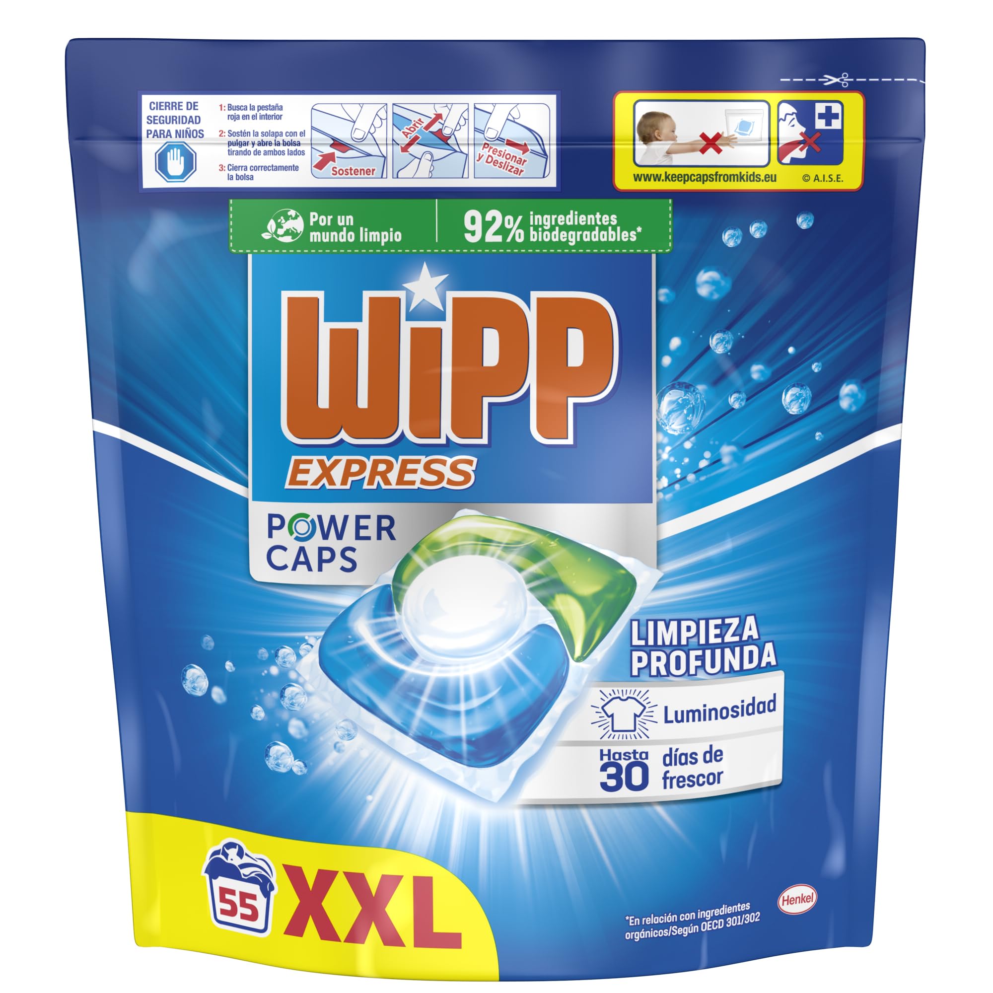 Wipp Express Power Caps (1 x 55), Detergente en cápsulas lavadora que proporciona luminosidad, pastillas lavadora para una limpieza profunda, hasta 30 días de frescor