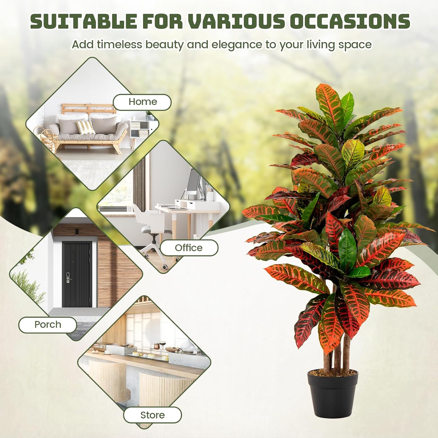 GOFLAME 40” Artificial Croton Plant, Greenery Potted Plant with Colorful Leaves, Natural Wood Trunks, Real Touch Fake Silk Plants, Faux Croton Palm Tree in Pot for Home Office Patio