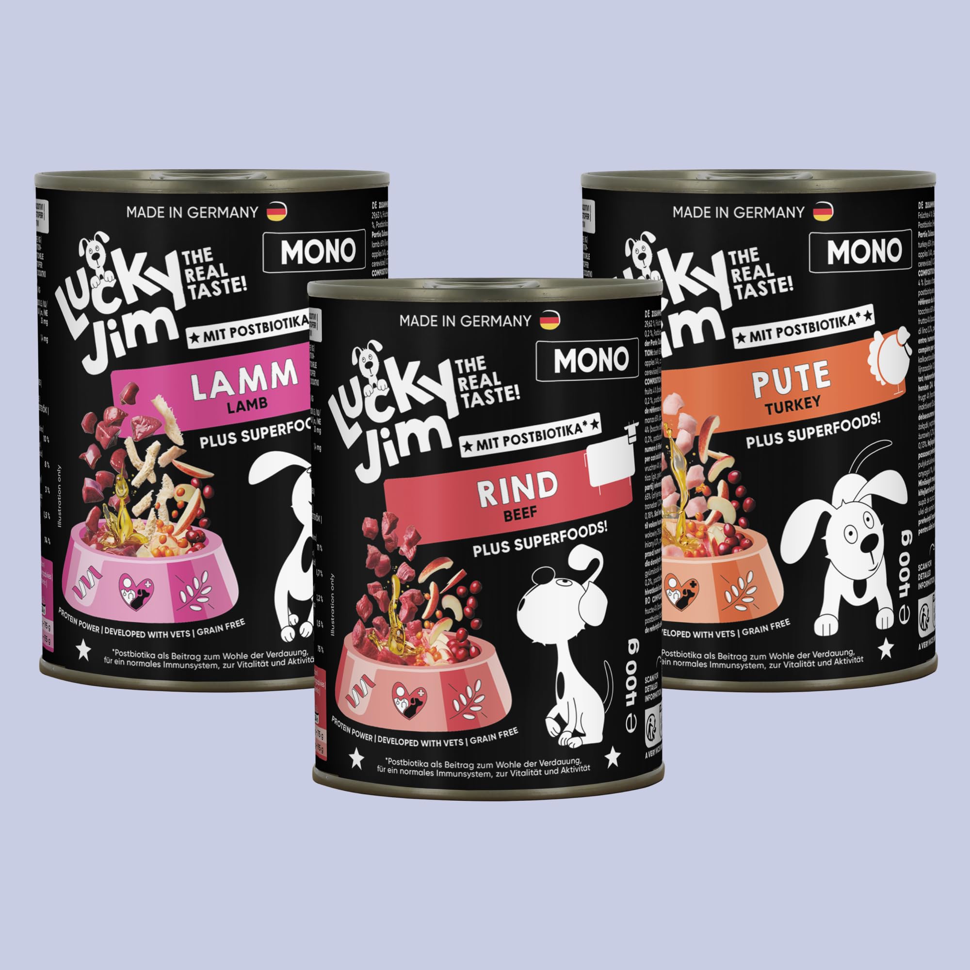 LUCKY JIM Mono Lamm, Rind & Pute Hundefutter nass - 18 x 400g Dosen - Monoprotein Nassfutter für Hunde getreidefrei, ohne Zuckerzusatz, mit Postbiotika & Superfoods, Made in Germany