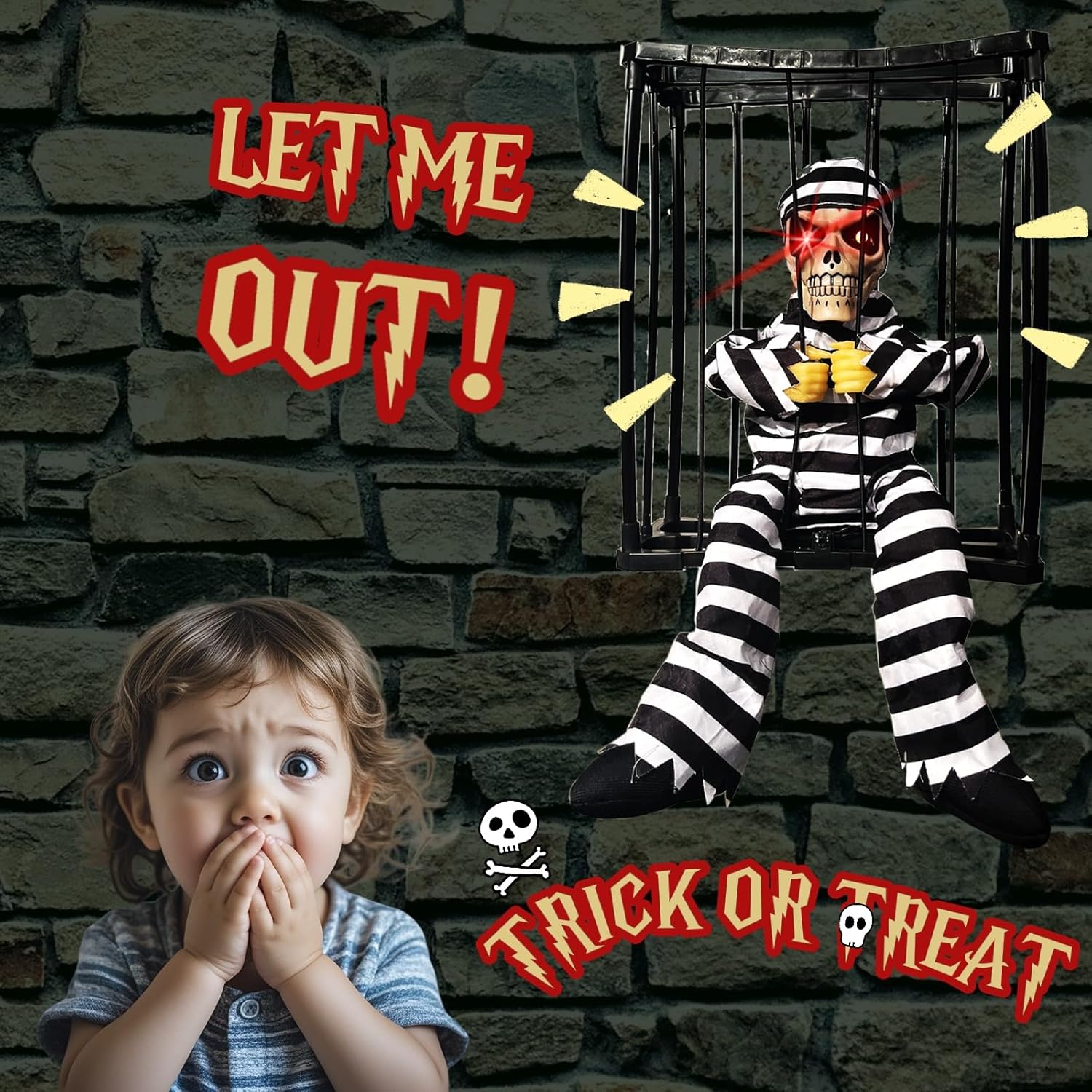 Lighted Prisoner in Cage Halloween Hanging Decoration, Animated Skull Decorations with Motion Sensor, Creepy Haunted Horror Prop, Screaming Ghost Decorations for Halloween Yards Indoor Outdoor