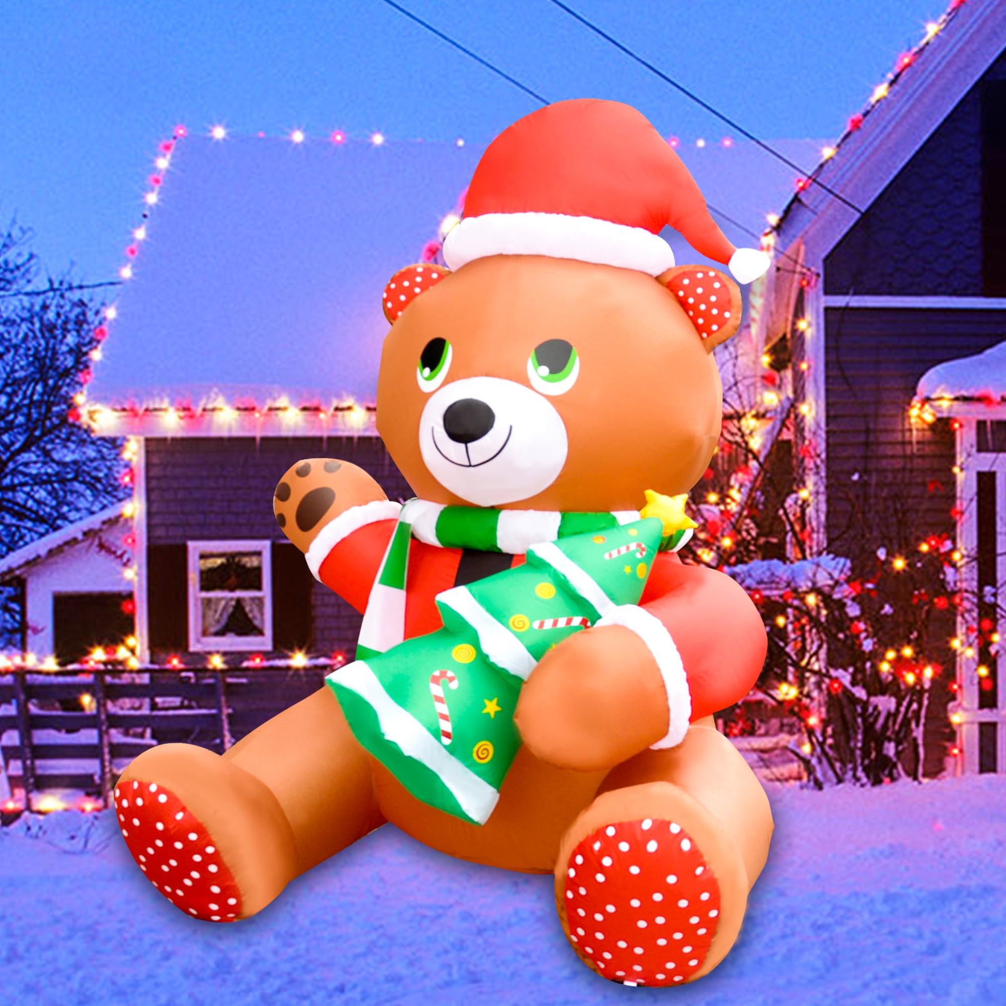 JOYEASE Orsacchiotto di Natale gonfiabile da 6 piedi che tiene l'albero di Natale Build-in LED Blow Up Clearance per le decorazioni del giardino del cortile delle vacanze