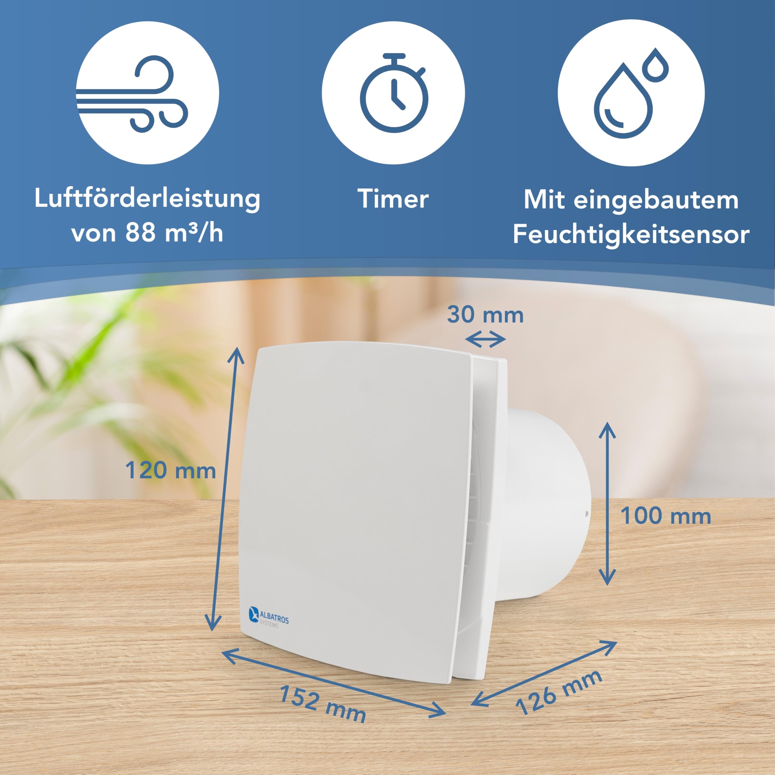 Albatros Badlüfter 100mm mit Feuchtigkeitssensor und Timer - Alba FS - Extra Leise und Leistungsstark - Einfache Installation
