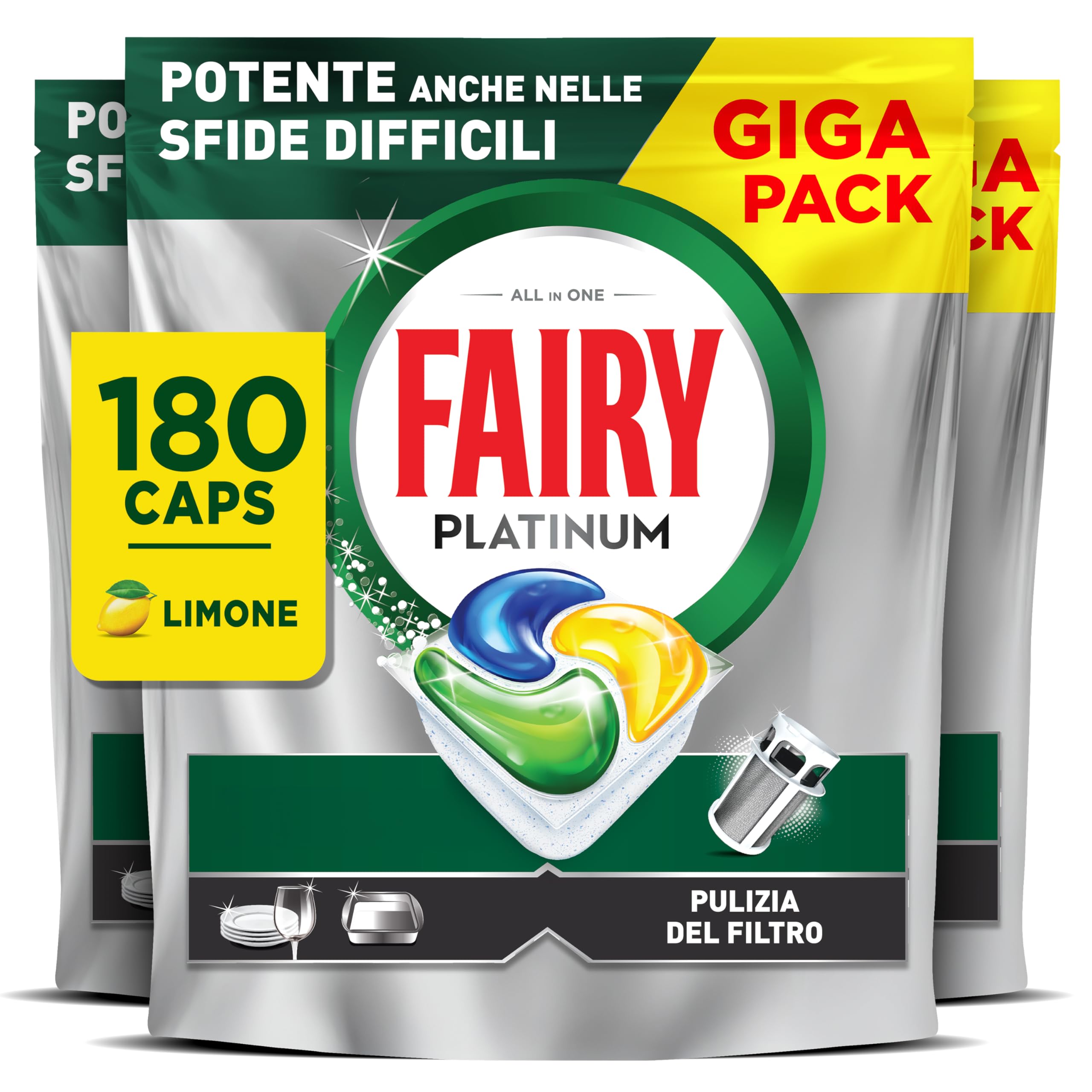 Fairy Platinum Brilliant Dishwasher Tablets Detergent, 180 Capsules Dishwasher, Lemon, with Integrated Pre-Wash System, Effective in Difficult Challenges Against Dirt
