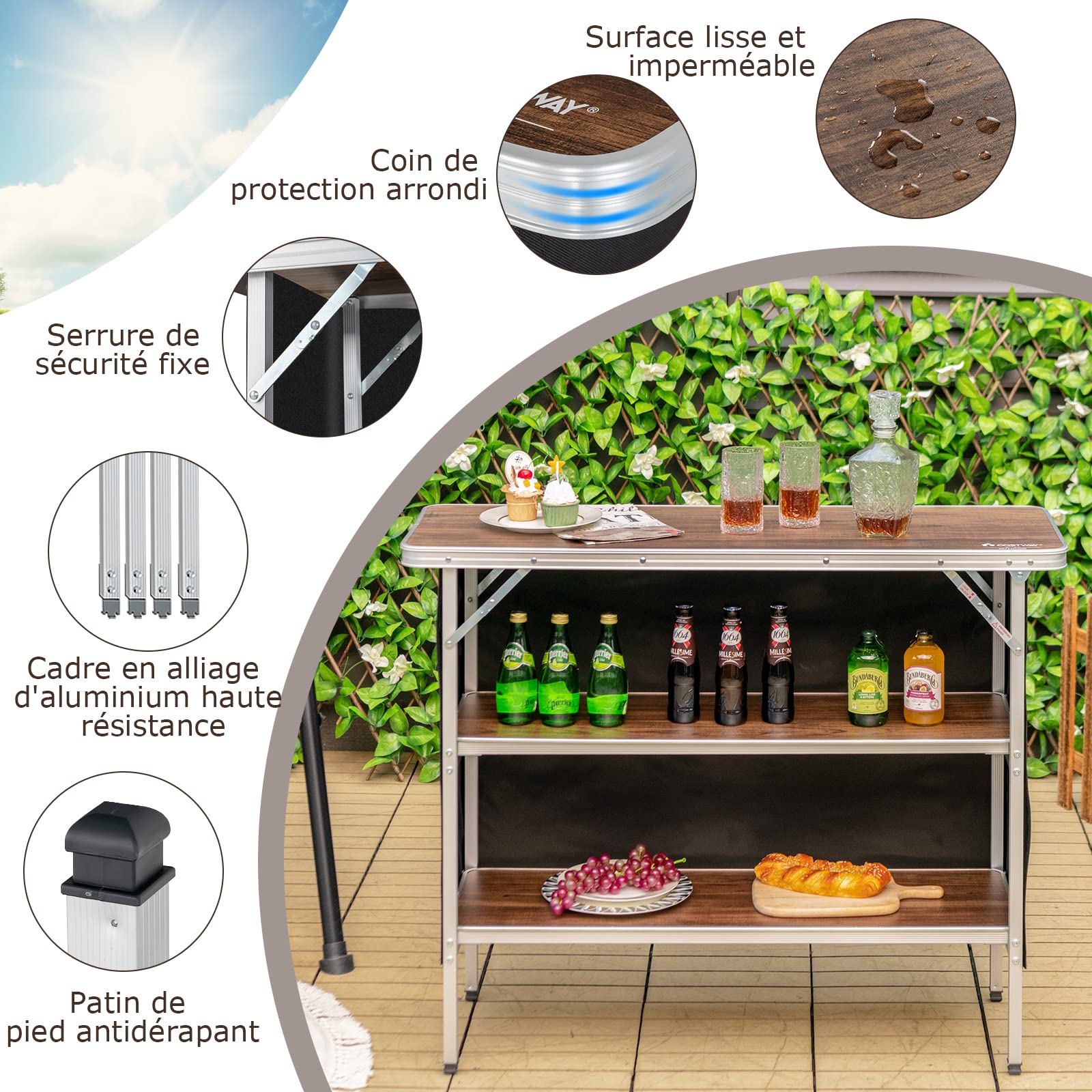 GOPLUS Mesa de camping plegable para picnic con almacenamiento, mesa portátil ligera de aluminio con bolsa de transporte, estación de preparación de alimentos con 2 estantes (café)
