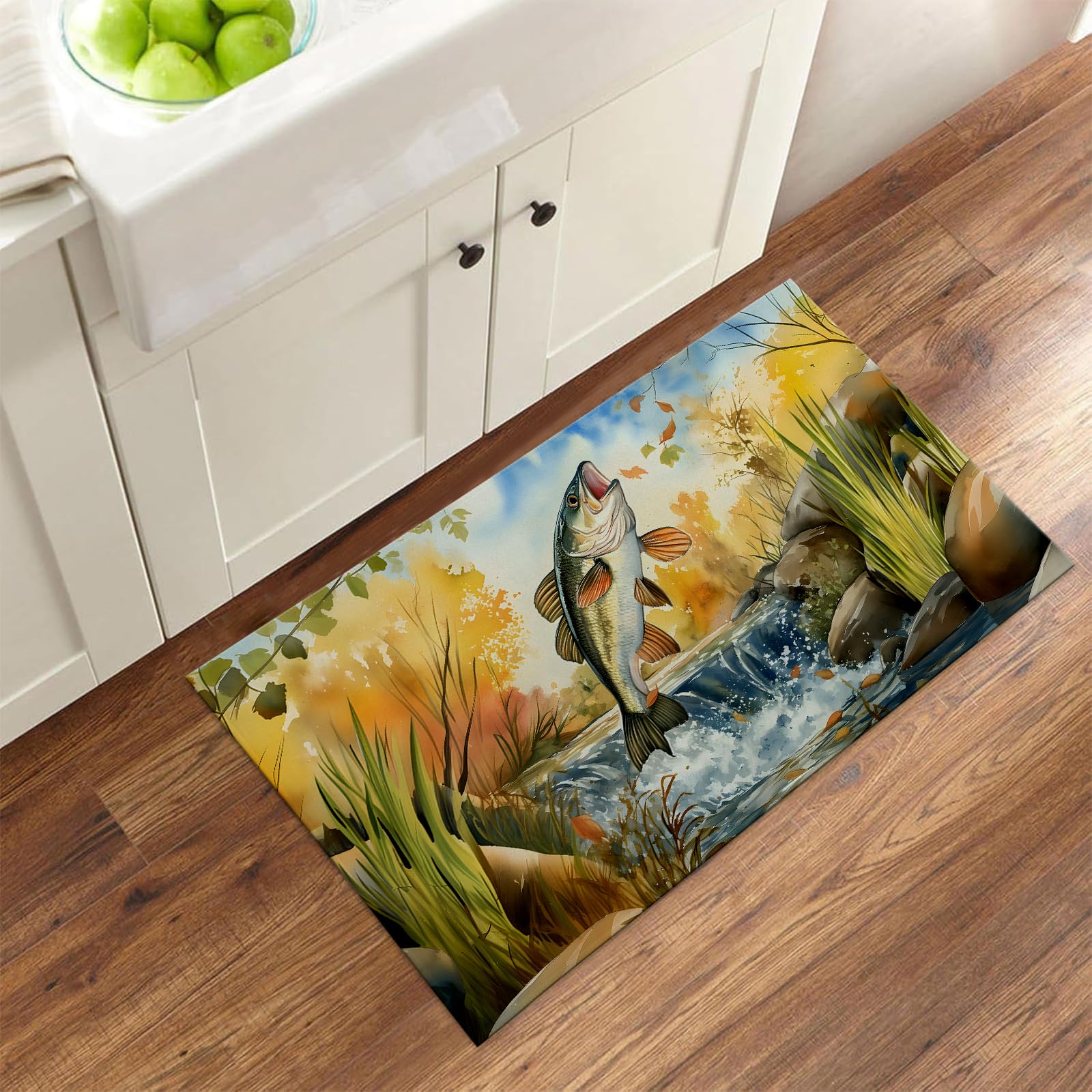 Bidesk Bass Fish Indoor Door Mat, Welcome Autumn River Scene Door Mats Inside for Front Door Living Room Bedroom, Non Skid Doormat for Kitchen, Entry