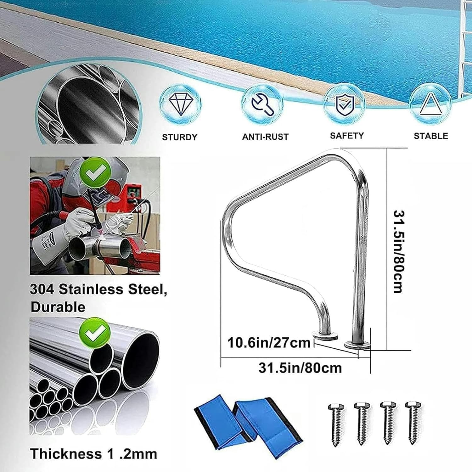 Sturdy Pool Safety Handrails, Stainless Steel Swimming Pool Stair Rail, Swimming Pool Handrail Stair Railing with Blue Grip Cover, Swimming Pool Handrails for Indoor and Outdoor