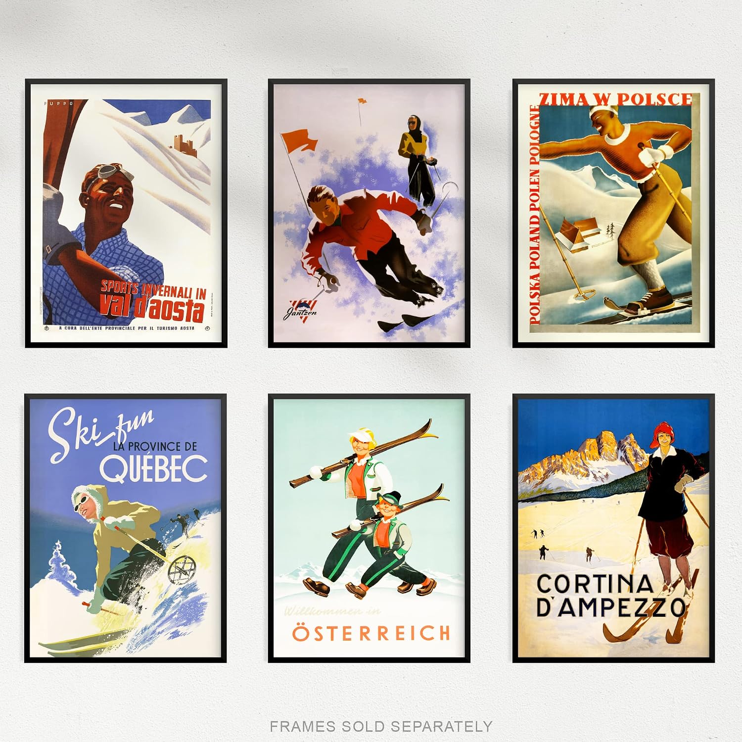Artery8 Ski Adverts Austria Italy Poland Canada Set Of 6 Unframed Wall Art Prints Bathroom Bedroom Aesthetic Vintage Winter Skiing 12X16 Inch