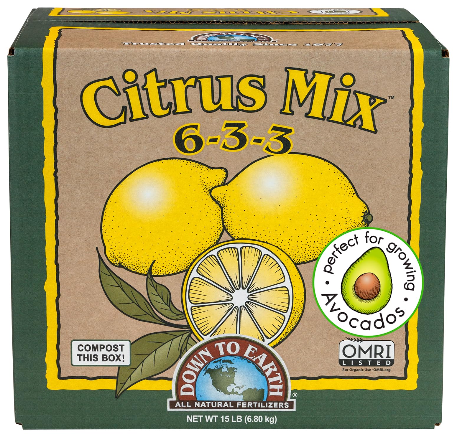 Down To Earth All Natural Fertilizers Organic Citrus Mix - Plant Food for Lemons, Limes, Oranges and Avocados 6-3-3, 15 lb