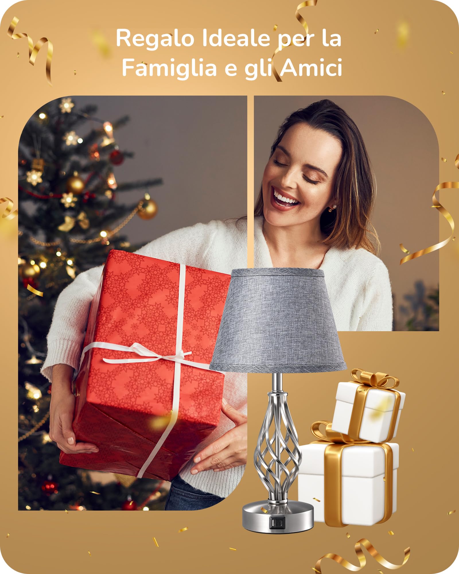 EDISHINE 2 Lampade da Comodino, Funzione di Ricarica, LED Touch Dimmerabile | 2 Porte USB, Lampada Decorativa per Camera da Letto, Soggiorno e Davanzale, Paralume in Lino, Grigio