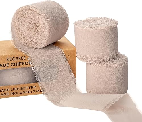 Miniatura 14 de 3 rollos de cinta de gasa de chifón azul polvoriento hecha a mano, 1.5" x 21 yardas con flecos deshilachados de seda (3 rollos * 7 yardas)