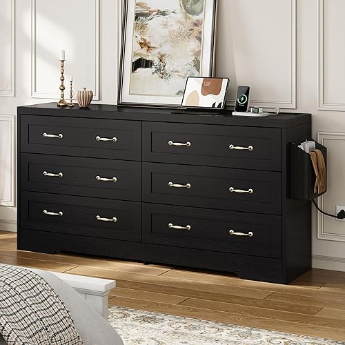 DWVO 59" W 6 Drawers Dresser, Large Chest of Drawers, Black Retro Wood Rattan Dresser with Large Rattan Drawers, Storage Organizer Unit with Dual Tip-Resistant Kits for Living Room