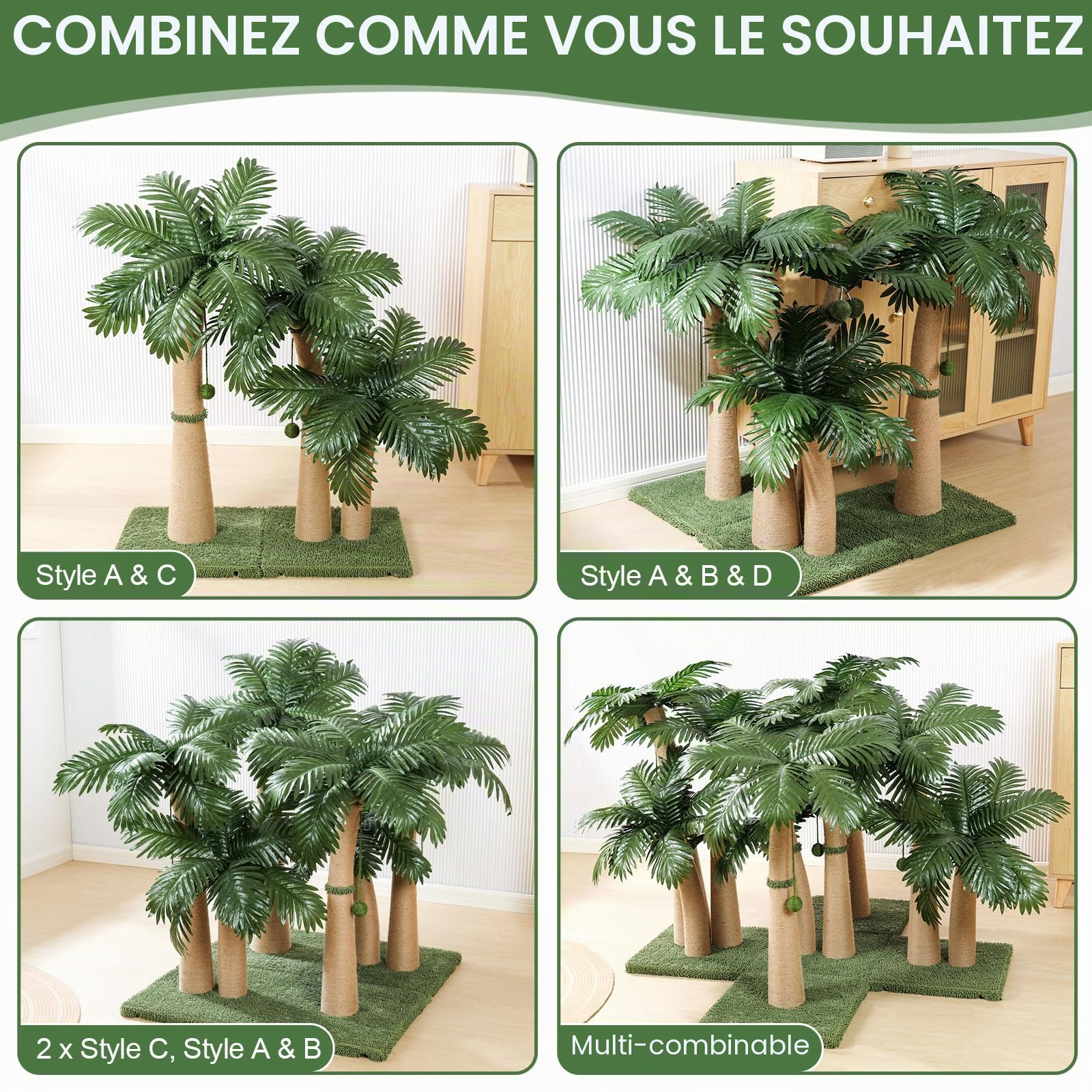 Arbre à chat de 102 cm de haut, arbre à chat avec design courbé, griffoir avec 3 balles interactives, corde de sisal naturel pour arbre à chat pour chats d'intérieur adultes et chatons, combinable