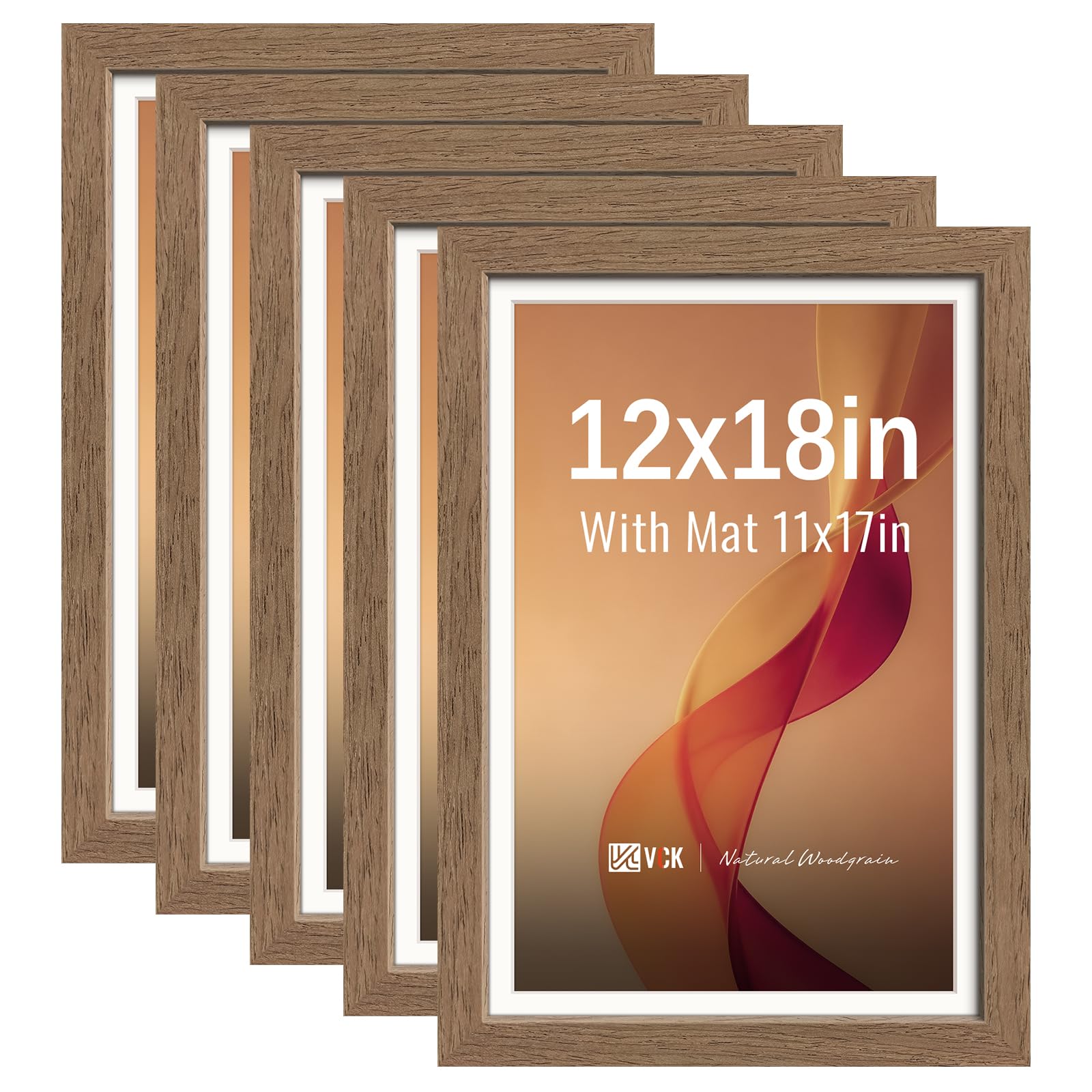 VCK 12x18 Picture Frame 5 Pack, Walnut Exclusive Wood, HD Glass, for Print